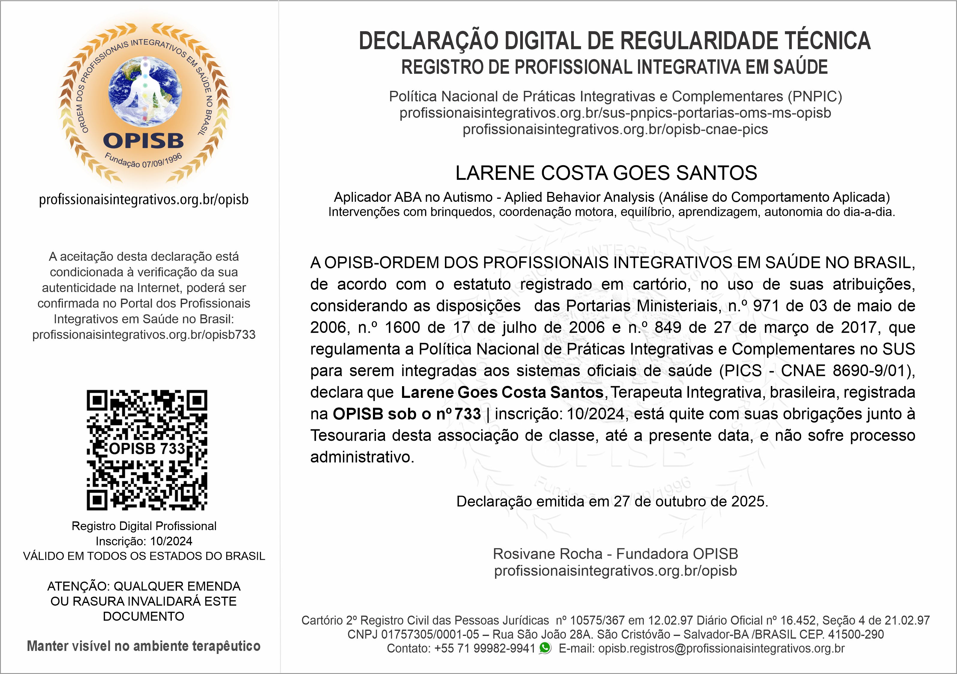 OPISB 733  Larene Goes Declaração Digital de Regularidade Técnica