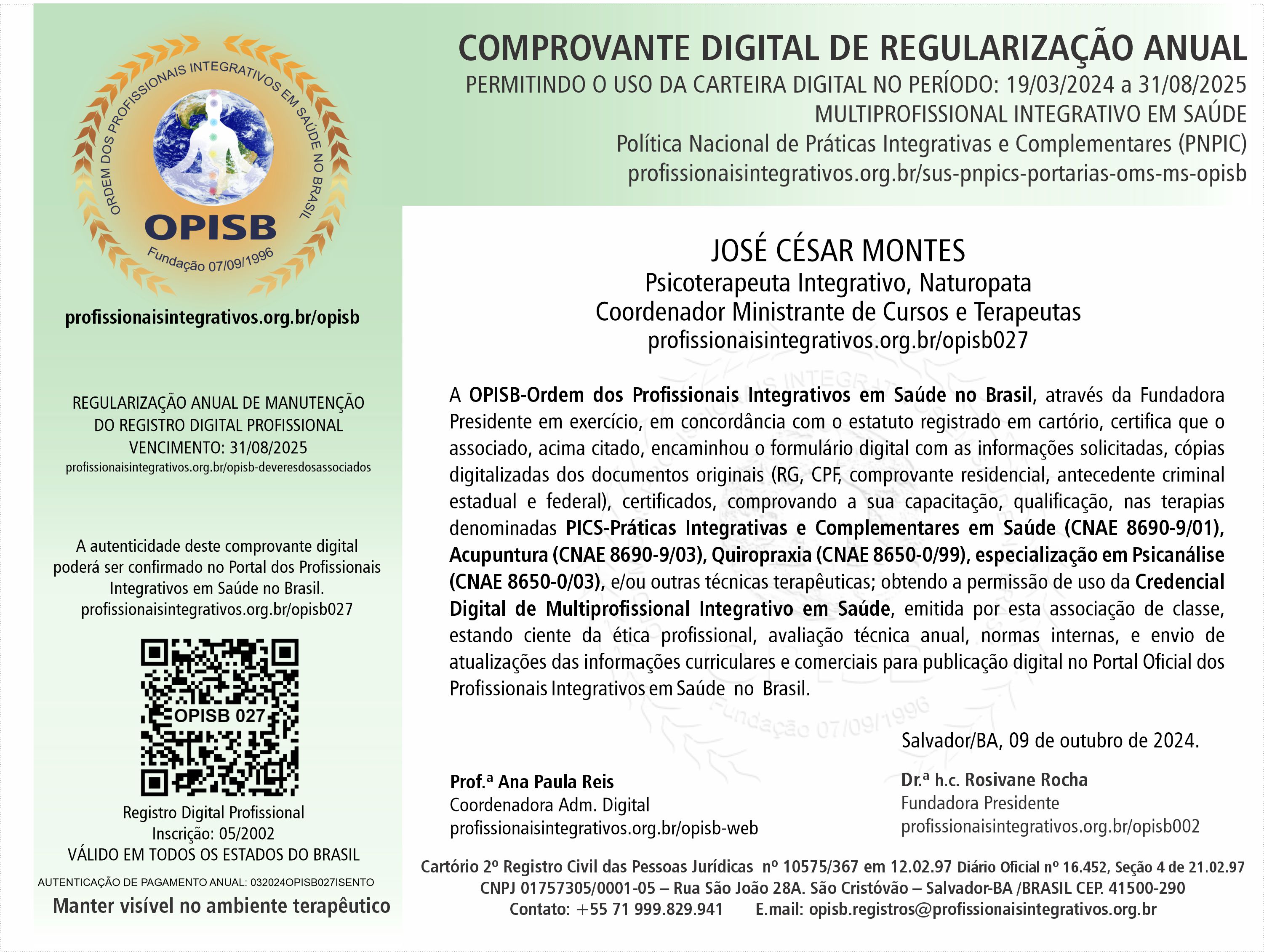 OPISB 027 Prof. Dr. César Montes Comprovante Digital de Regularização Anual
