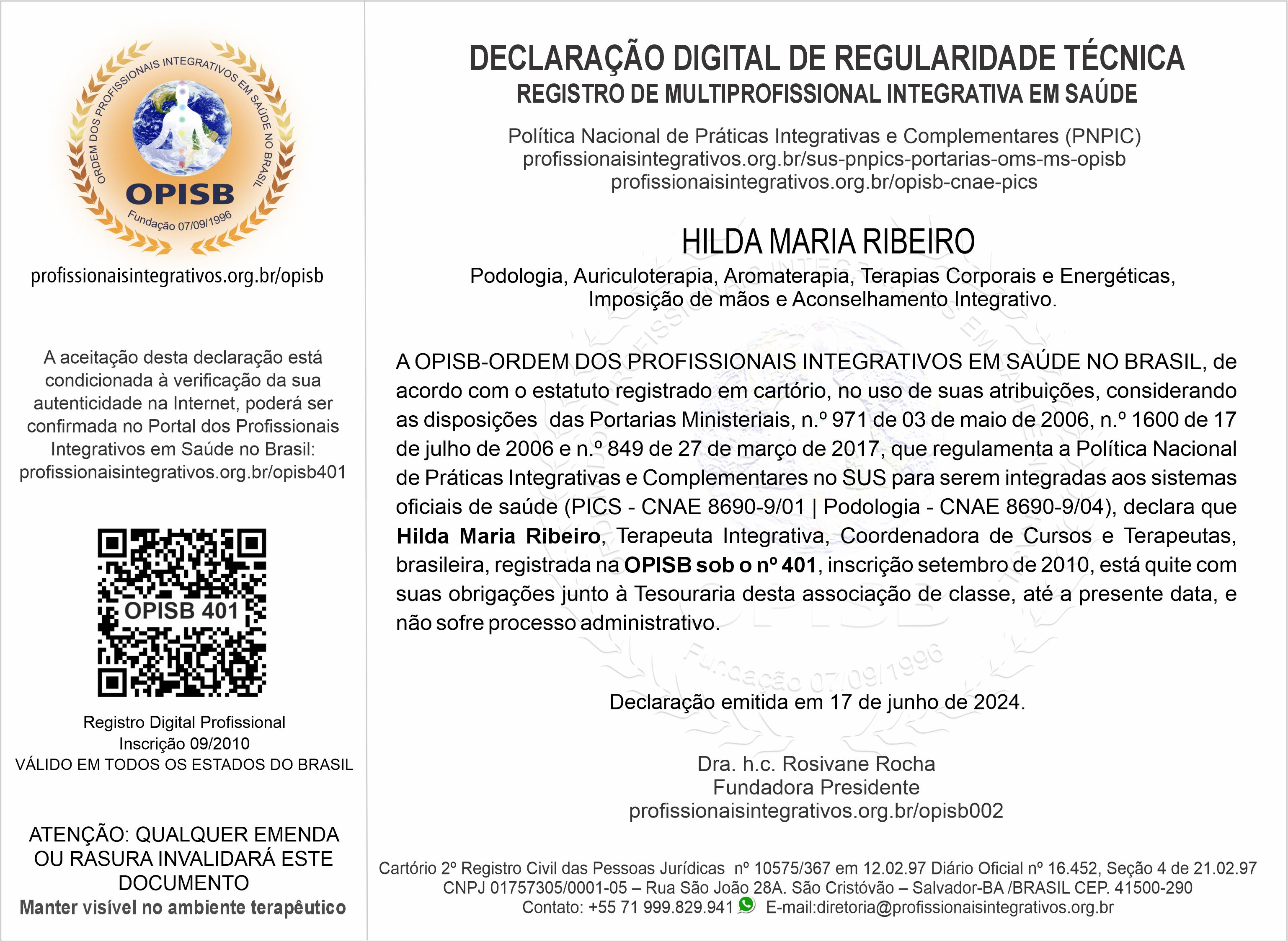 OPISB 401 Declaração Digital de Regularidade Técnica