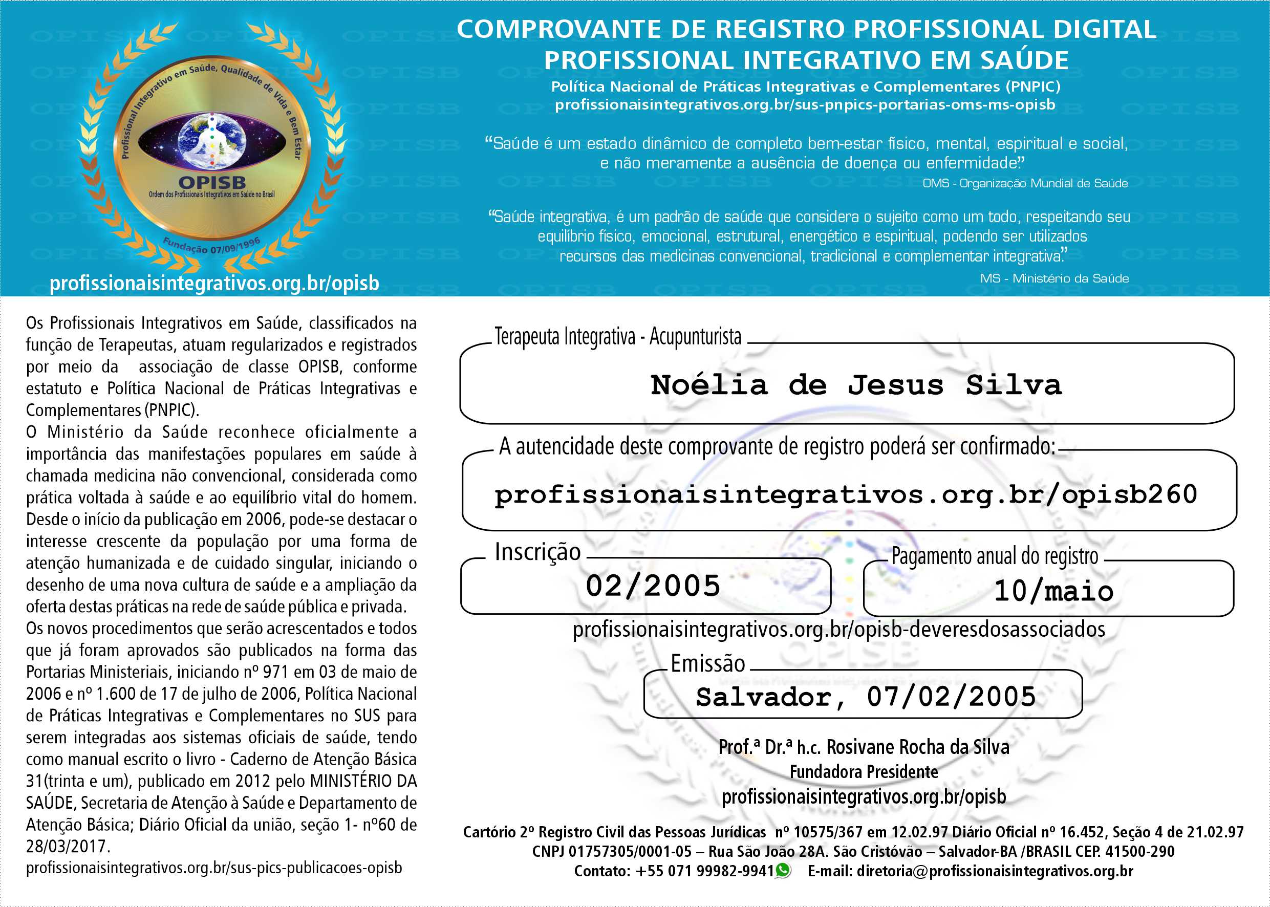OPISB 260 NOÉLIA DE JESUS SILVA COMPROVANTE DE REGISTRO DIGITAL PROFISSIONAL INTEGRATIVO EM SAÚDE