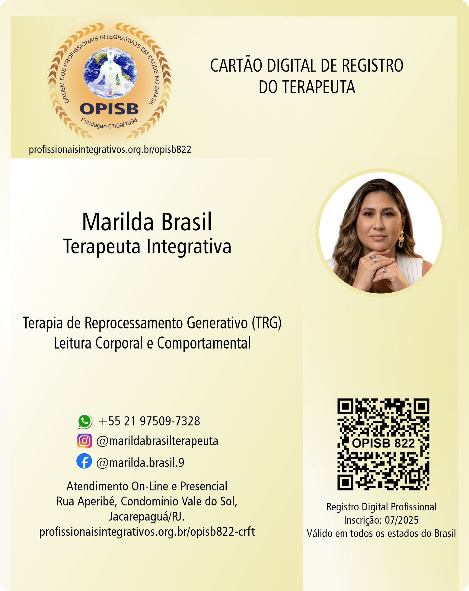 OPISB 822 Marilda de Araujo Brasil | Registro Profissional Terapeuta Integrativa | Rio de Janeiro | instagram @marildabrasilterapeuta