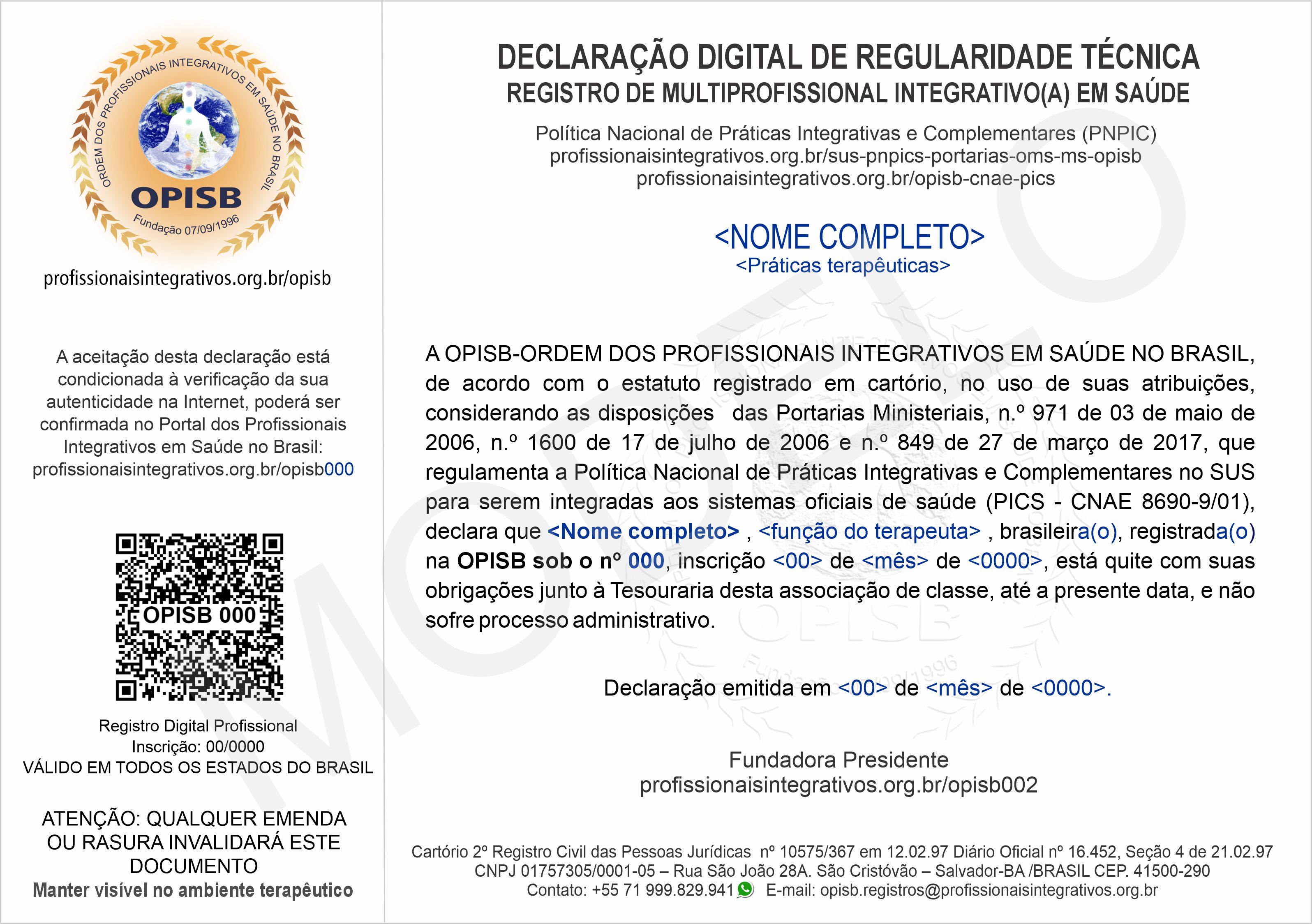 OPISB 000 Declaração Digital de Regularidade Técnica