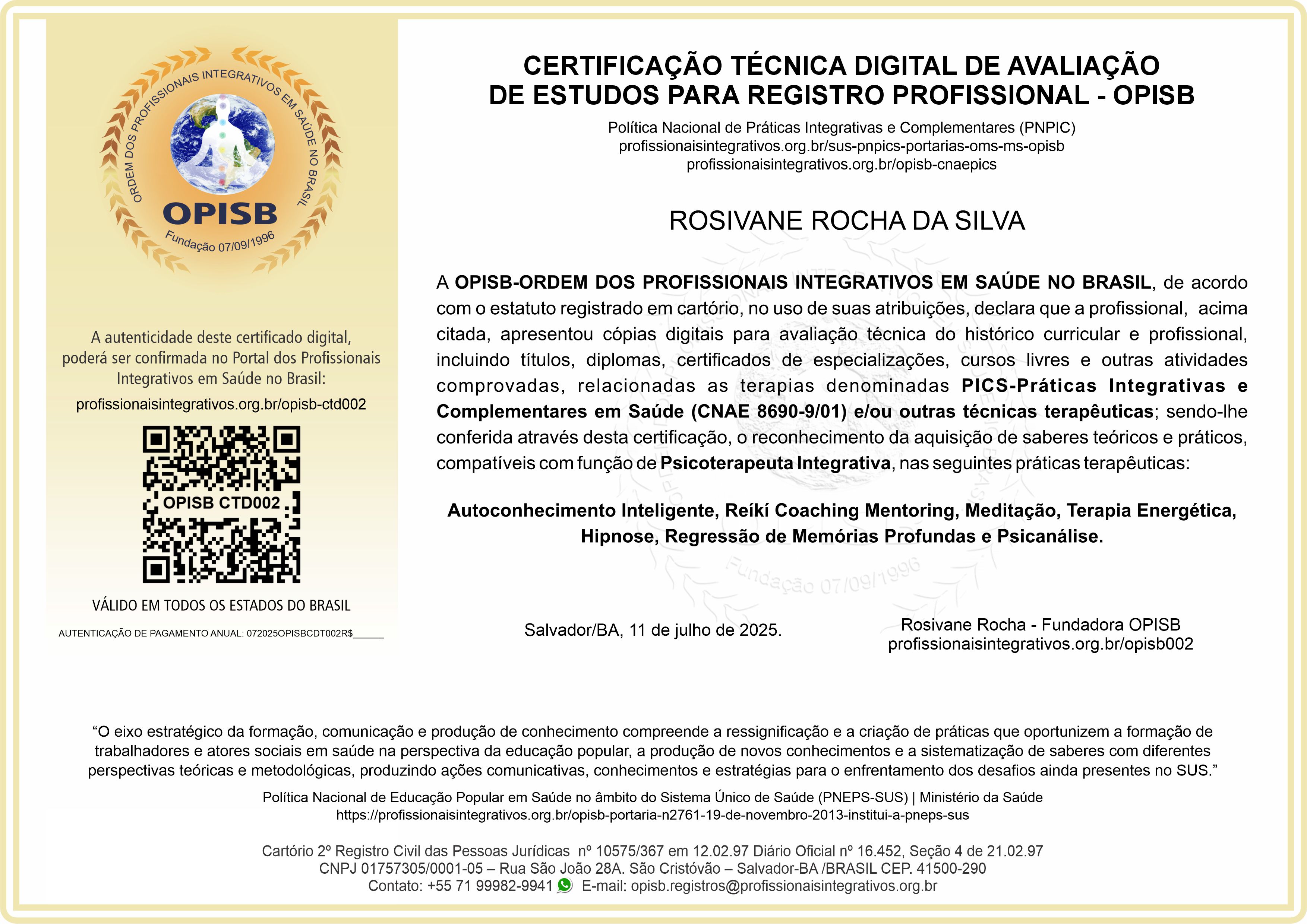 OPISB CTD002 Certificação Técnica Digital de Avaliação de Estudos Para Registro Profissional OPISB