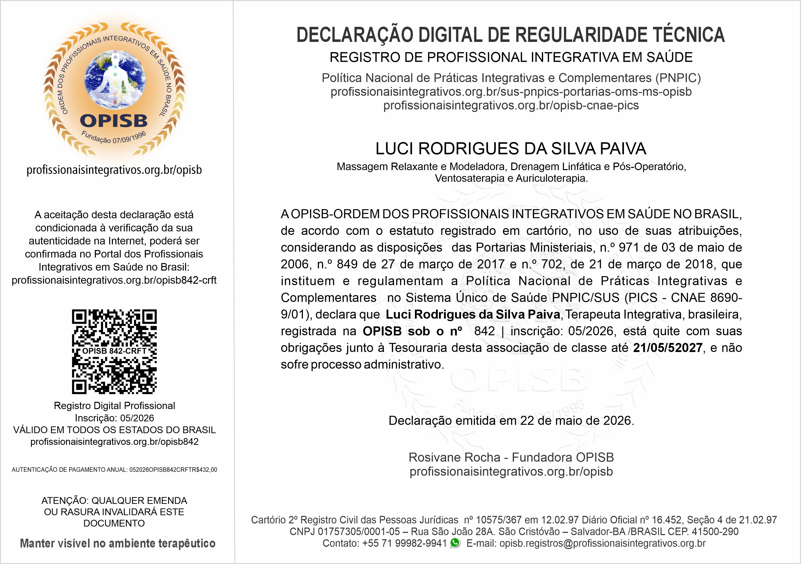 OPISB 842 Luci Rodrigues Declaração Digital de Regularidade Técnica