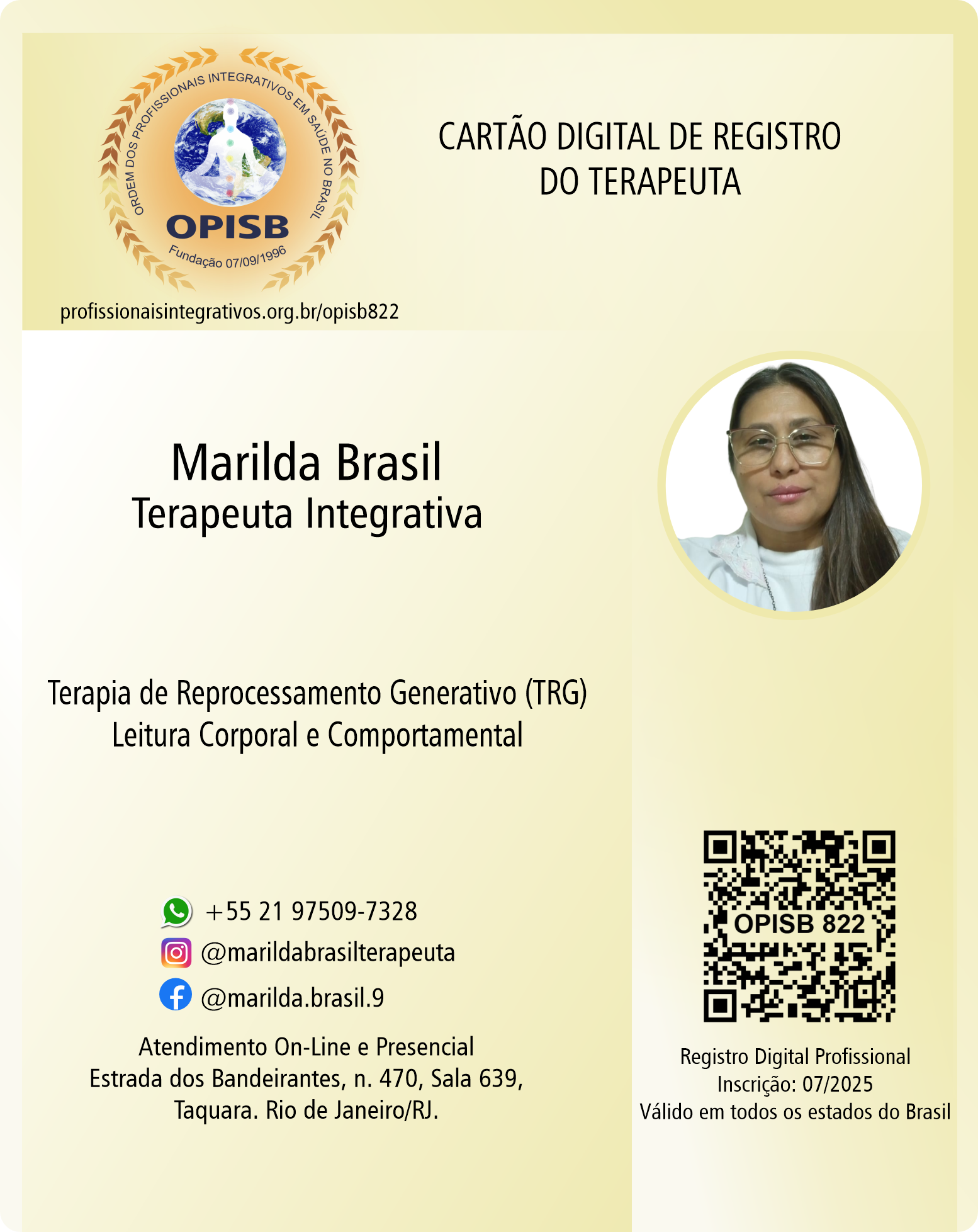 OPISB 822 Marilda de Araujo Brasil | Registro Profissional Terapeuta Integrativa | Rio de Janeiro | instagram @marildabrasilterapeuta