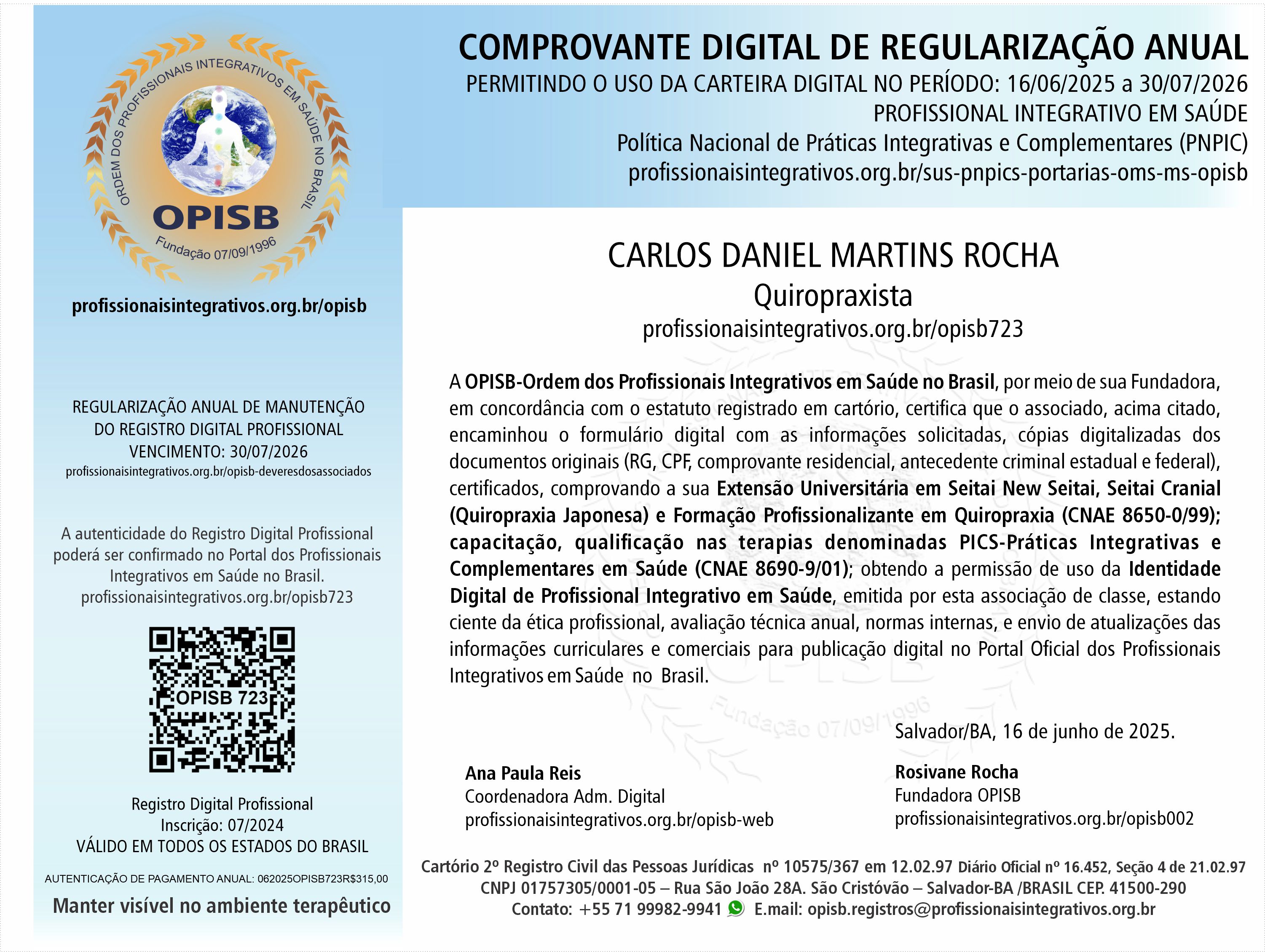 OPISB 723 Carlos Daniel Martins Rocha Comprovante Digital de Regularização Anual