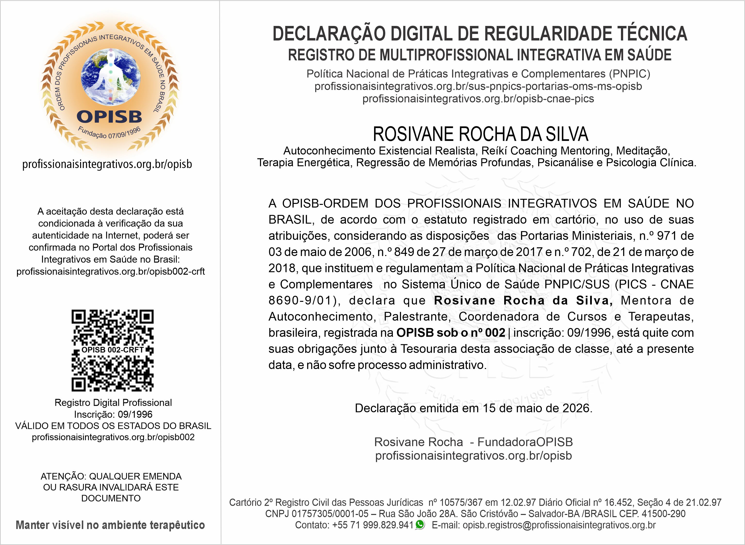 OPISB 002 Rosivane Rocha Declaração Digital de Regularidade Técnica