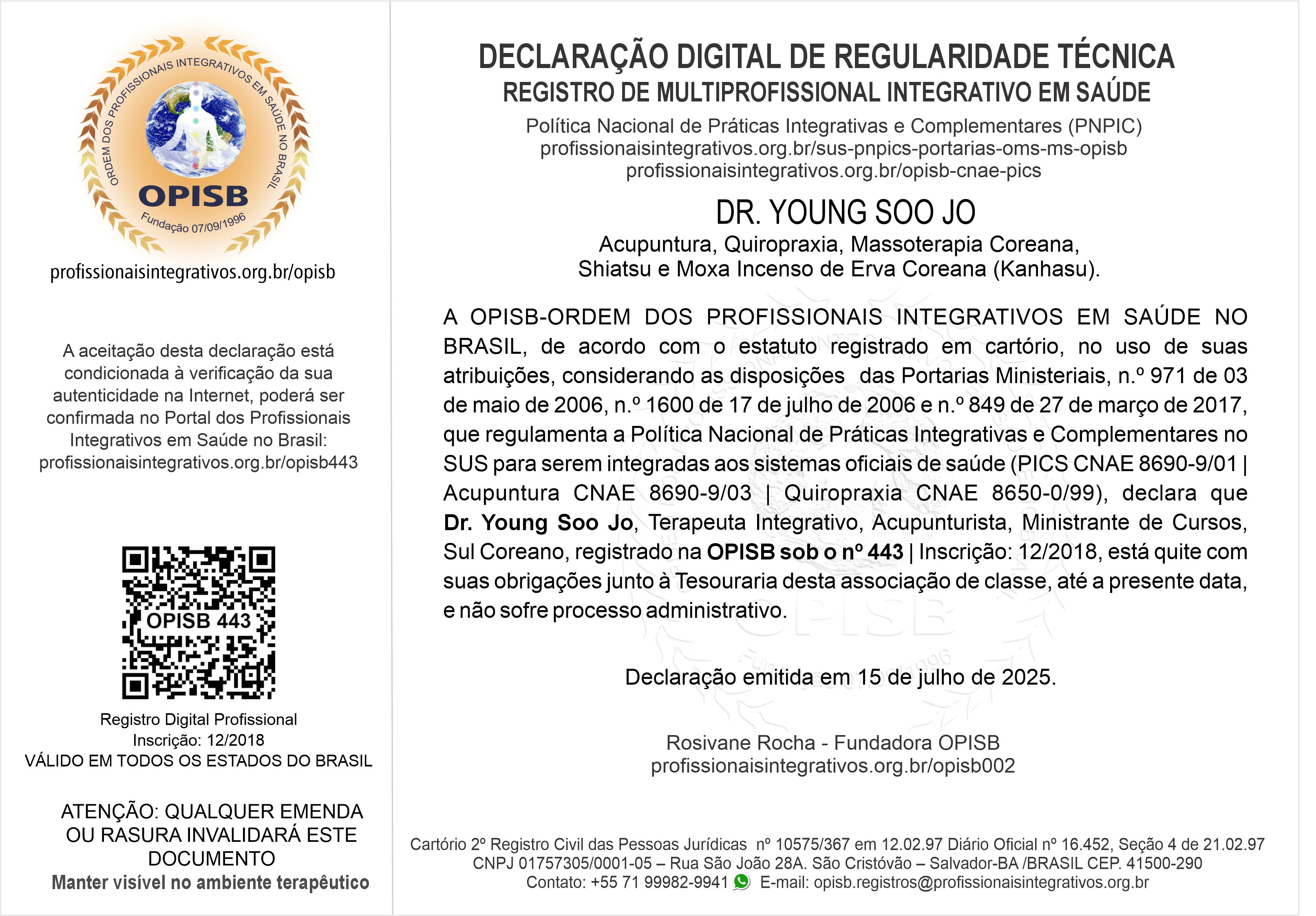 OPISB 443 Dr. Young Soo Jo Declaração Digital de Regularidade Técnica