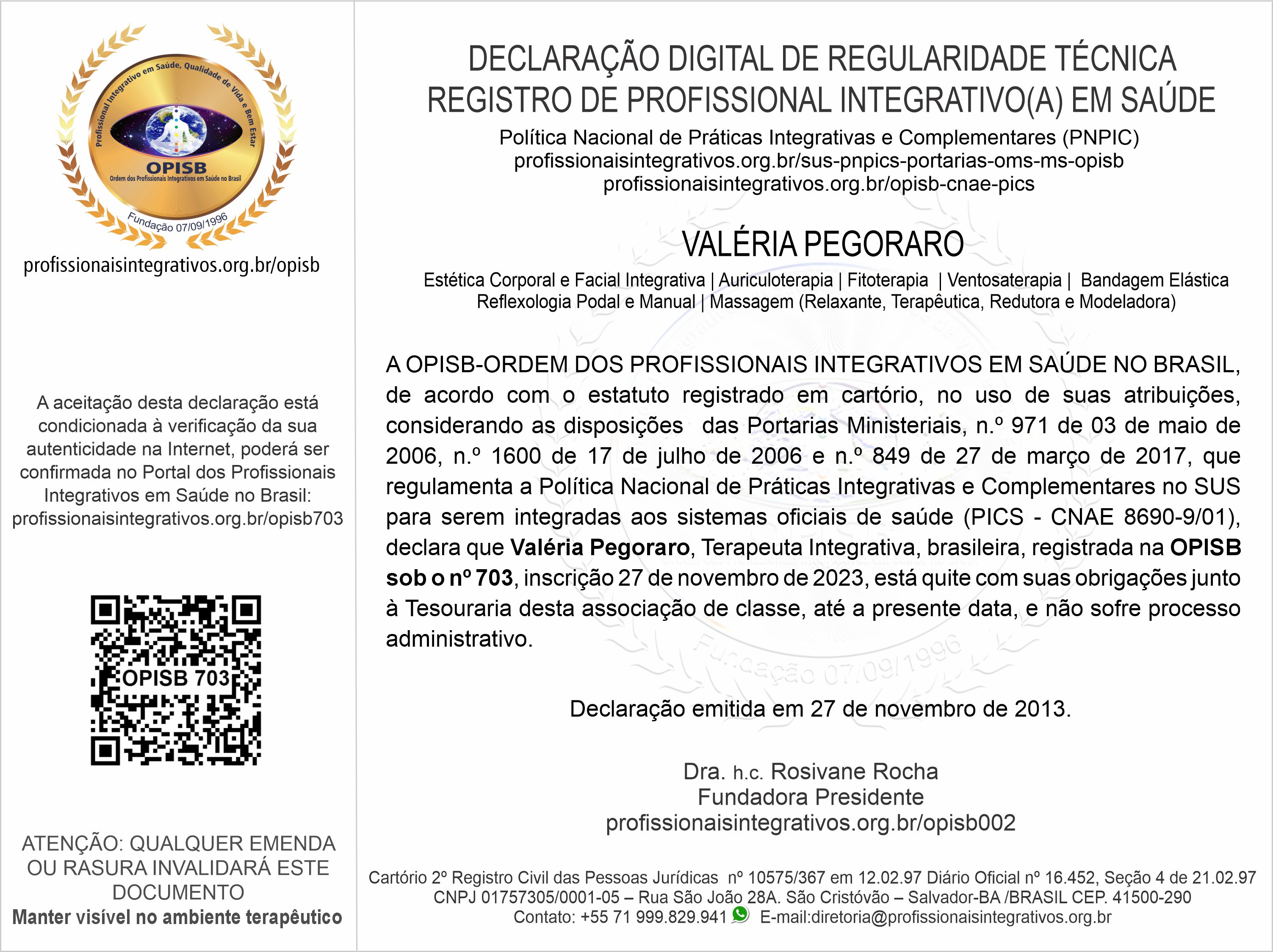 OPISB 703 Declaração Digital de Regularidade Técnica