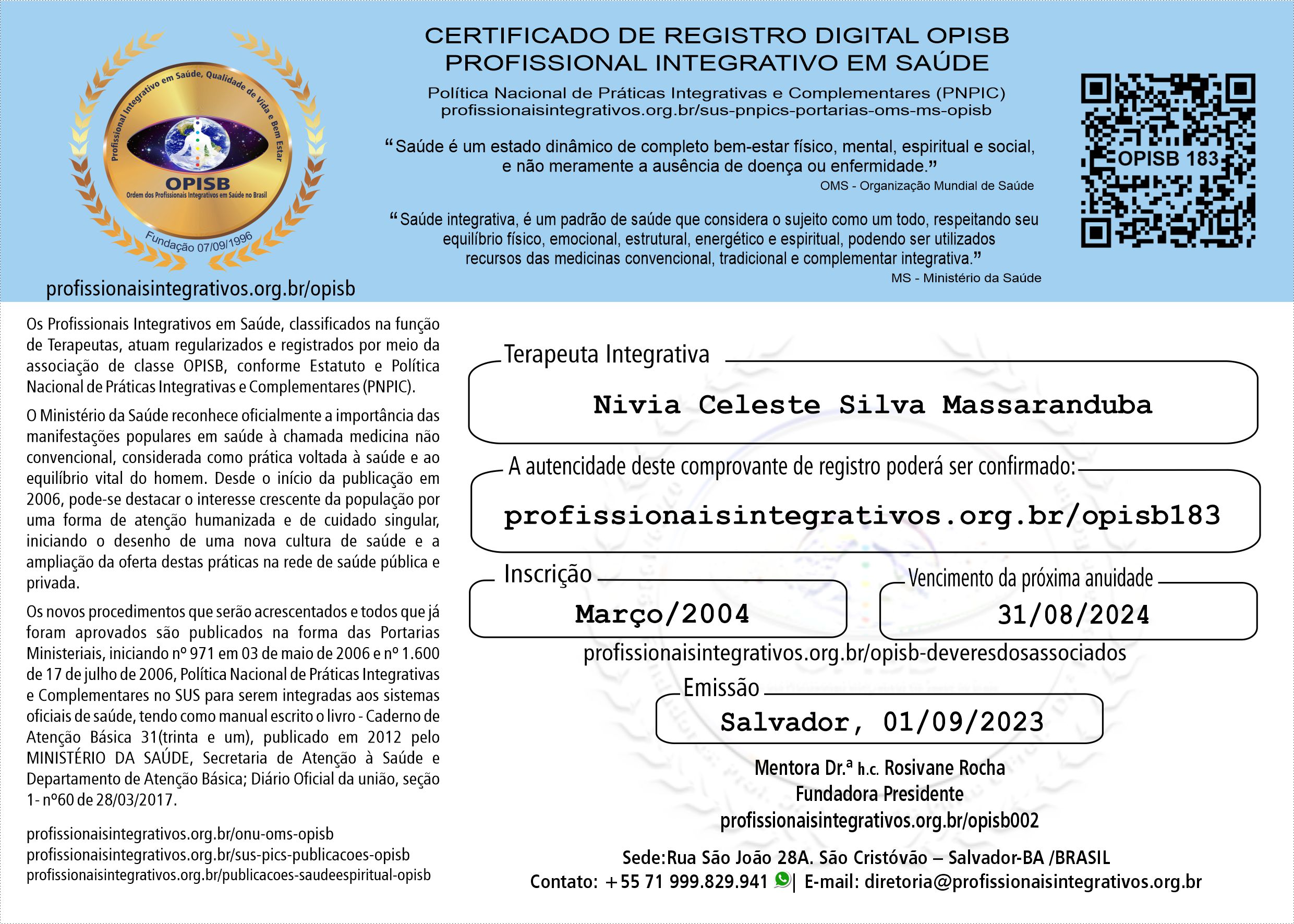 OPISB 183 Certificado do Registro Digital Profissional