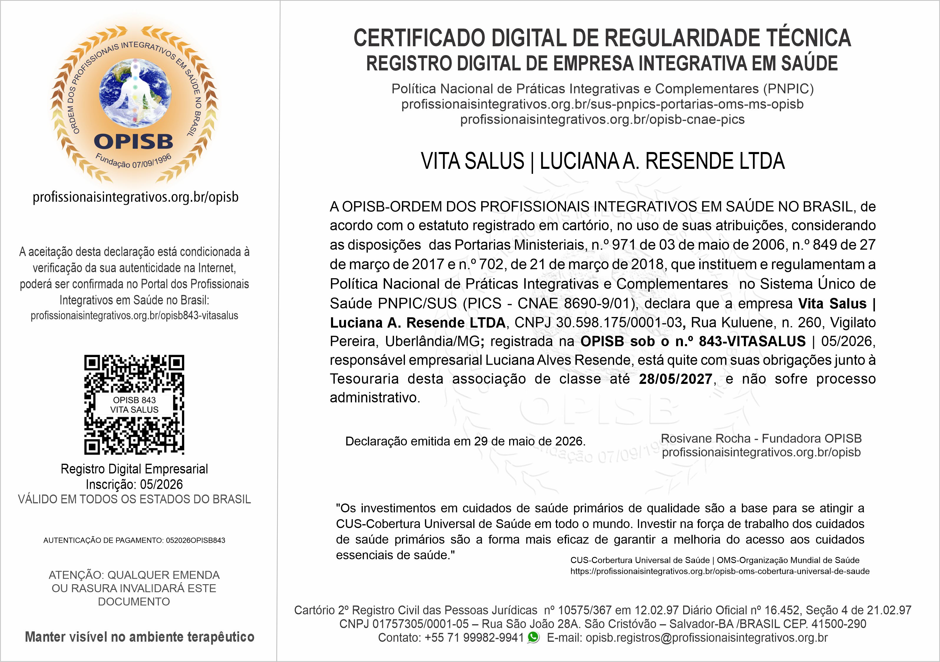 OPISB 843 - VITA SALUS Certificado Digital de Regularidade Técnica