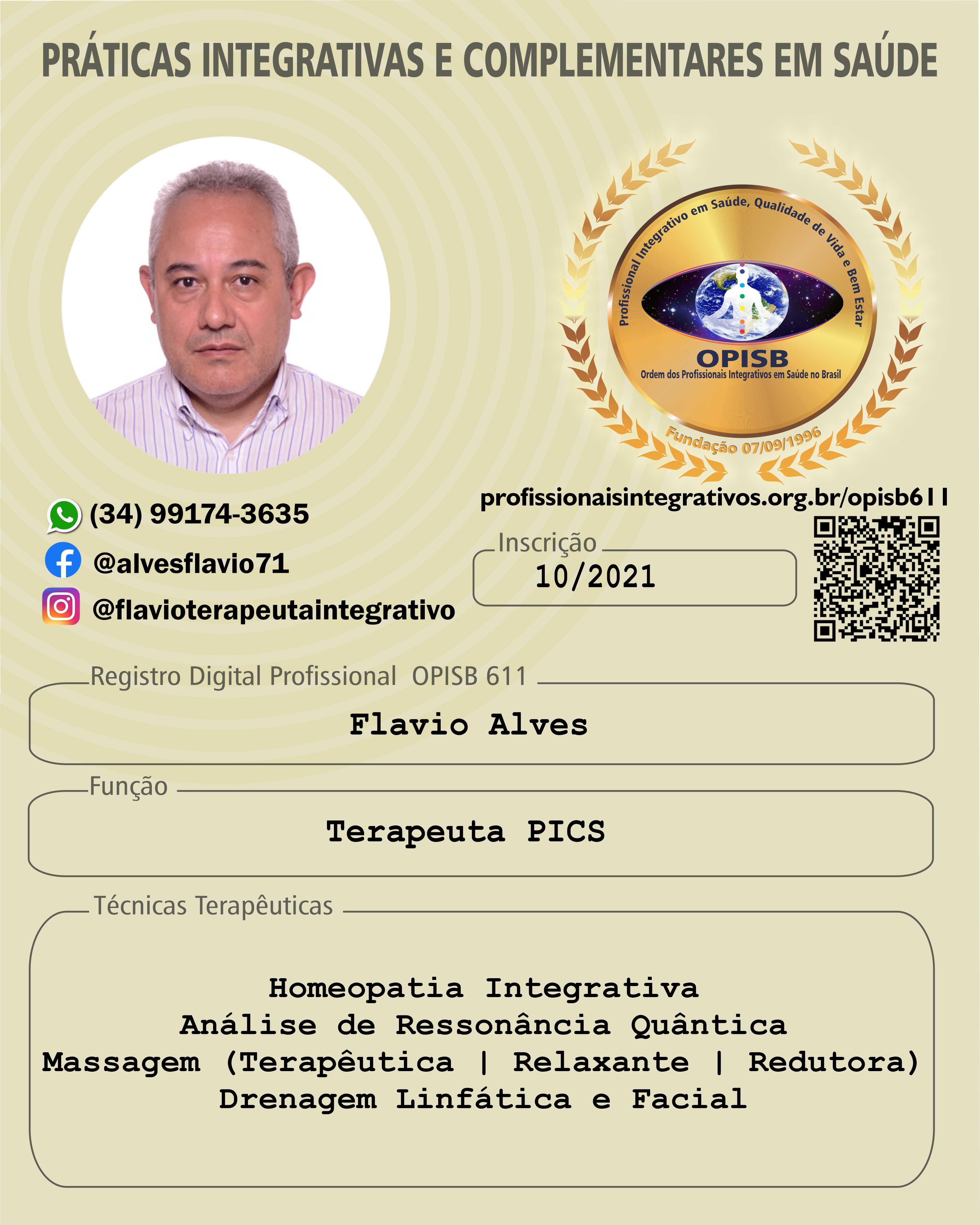 OPISB 611 FLAVIO ALVES CARTÃO DE DIVULGAÇÃO TERAPEUTA PICS