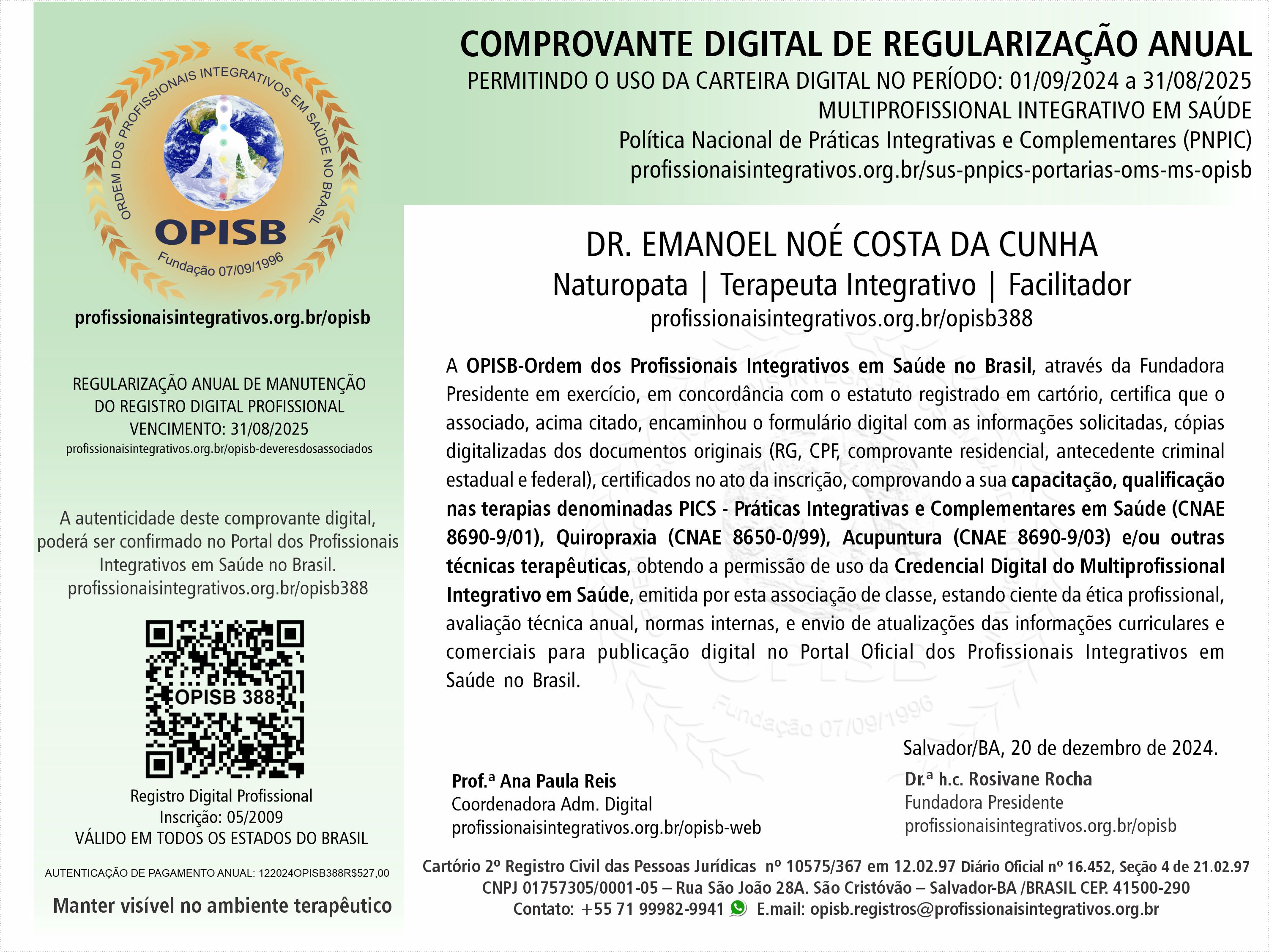 OPISB 388 Dr. Emanoel Noé da Cunha Comprovante Digital de Regularização Anual