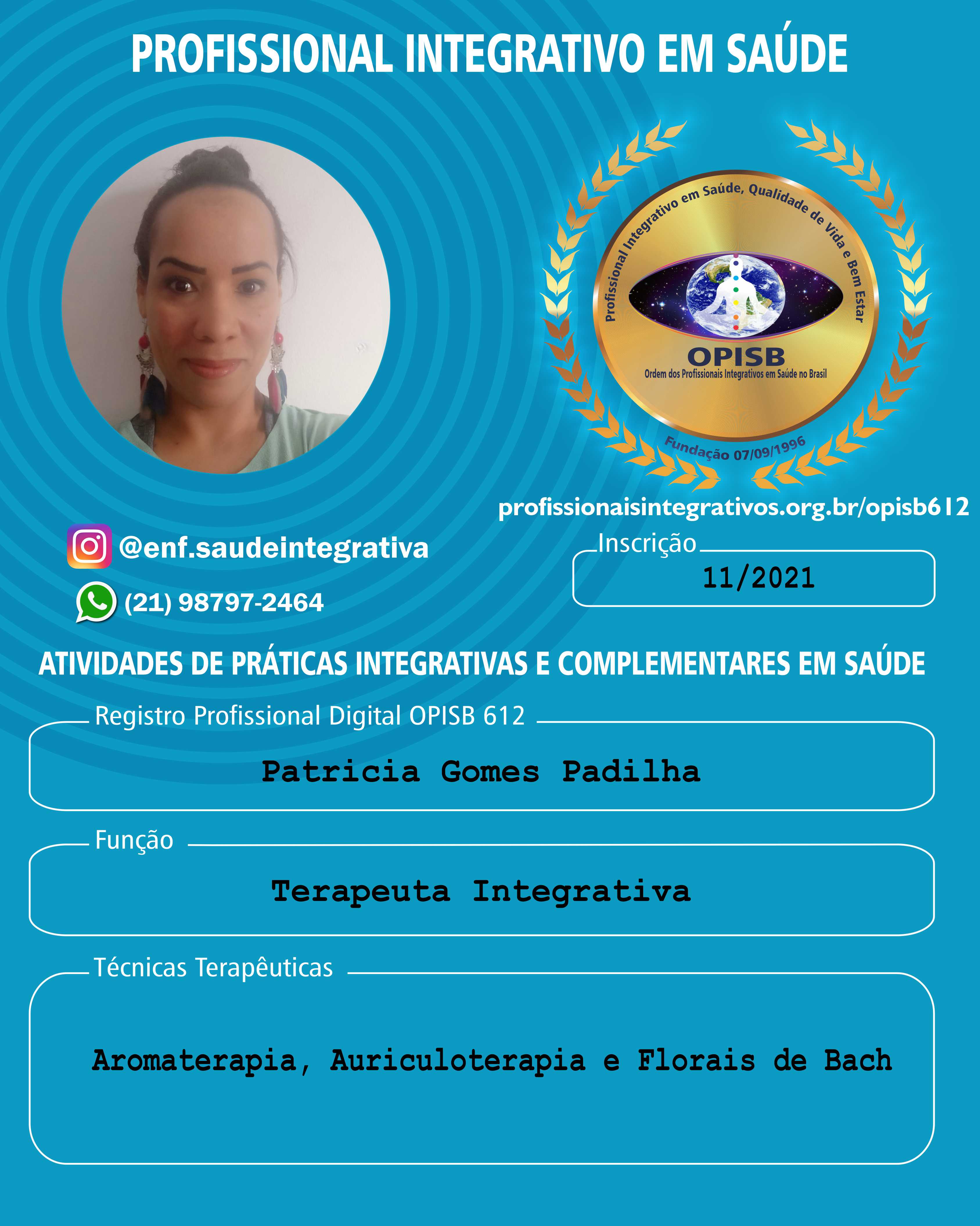 OPISB 612 PATRICIA GOMES PADILHA CARTÃO DE DIVULGAÇÃO PROFISSIONAL INTEGRATIVO EM SAÚDE frente