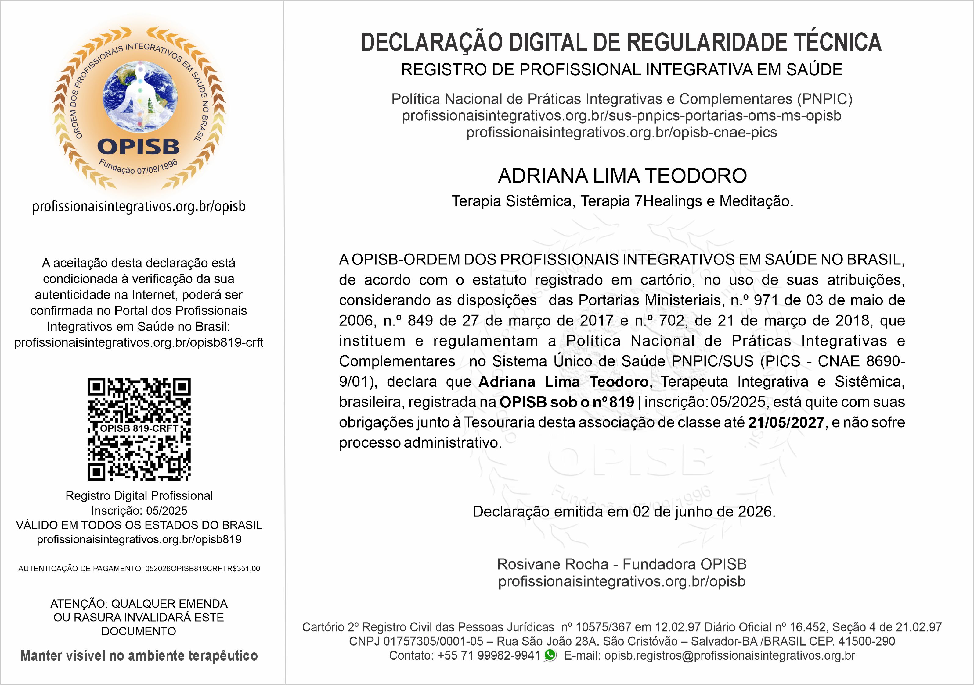 OPISB 819 Adriana Lima  Declaração Digital de Regularidade Técnica