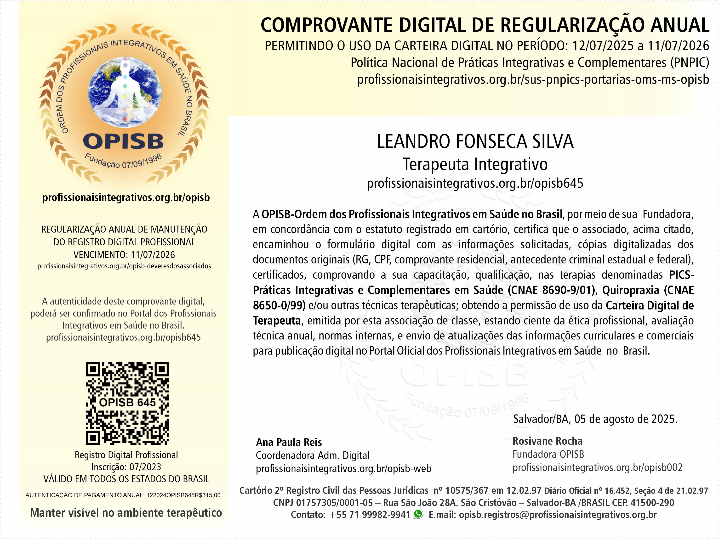 OPISB 645 Leandro Fonseca Comprovante Digital de Regularização Anual