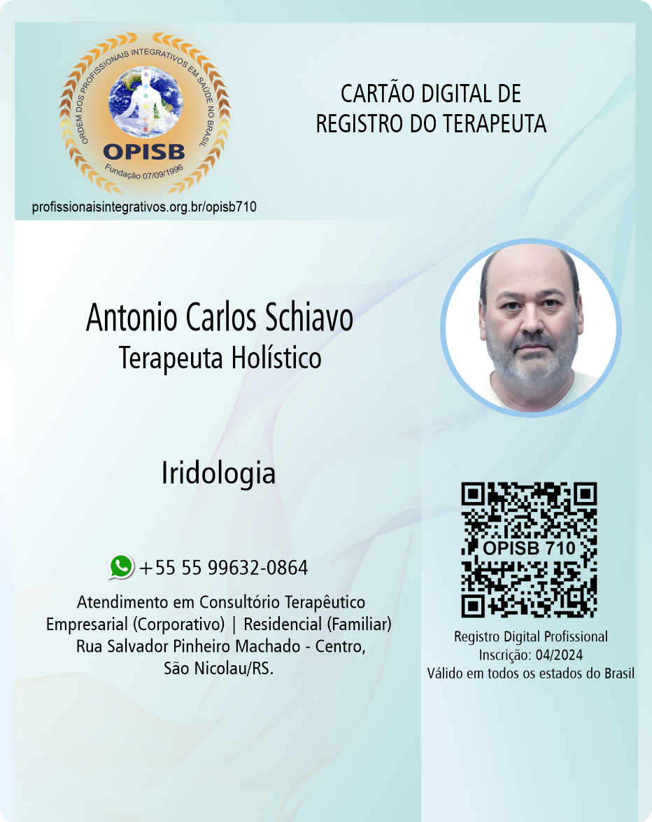 OPISB 710 Cartão Digital de Registro Técnico |  Antonio Carlos Schiavo - Terapeuta Holístico - Iridologia - São Nicolau - Rio Grande do Sul