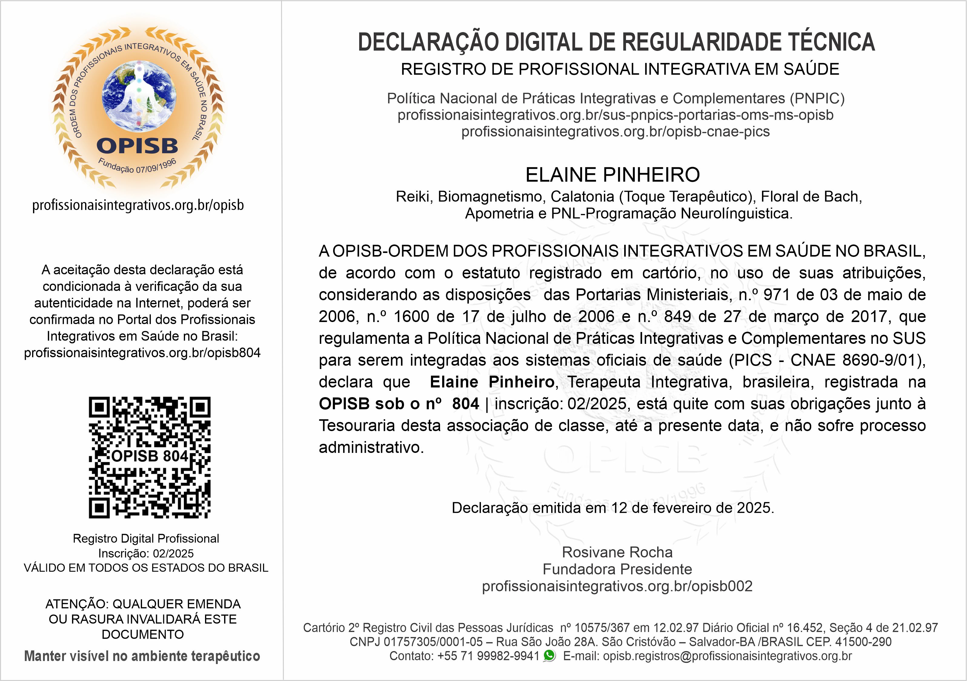 OPISB 804 Elaine Pinheiro Declaração Digital de Regularidade Técnica