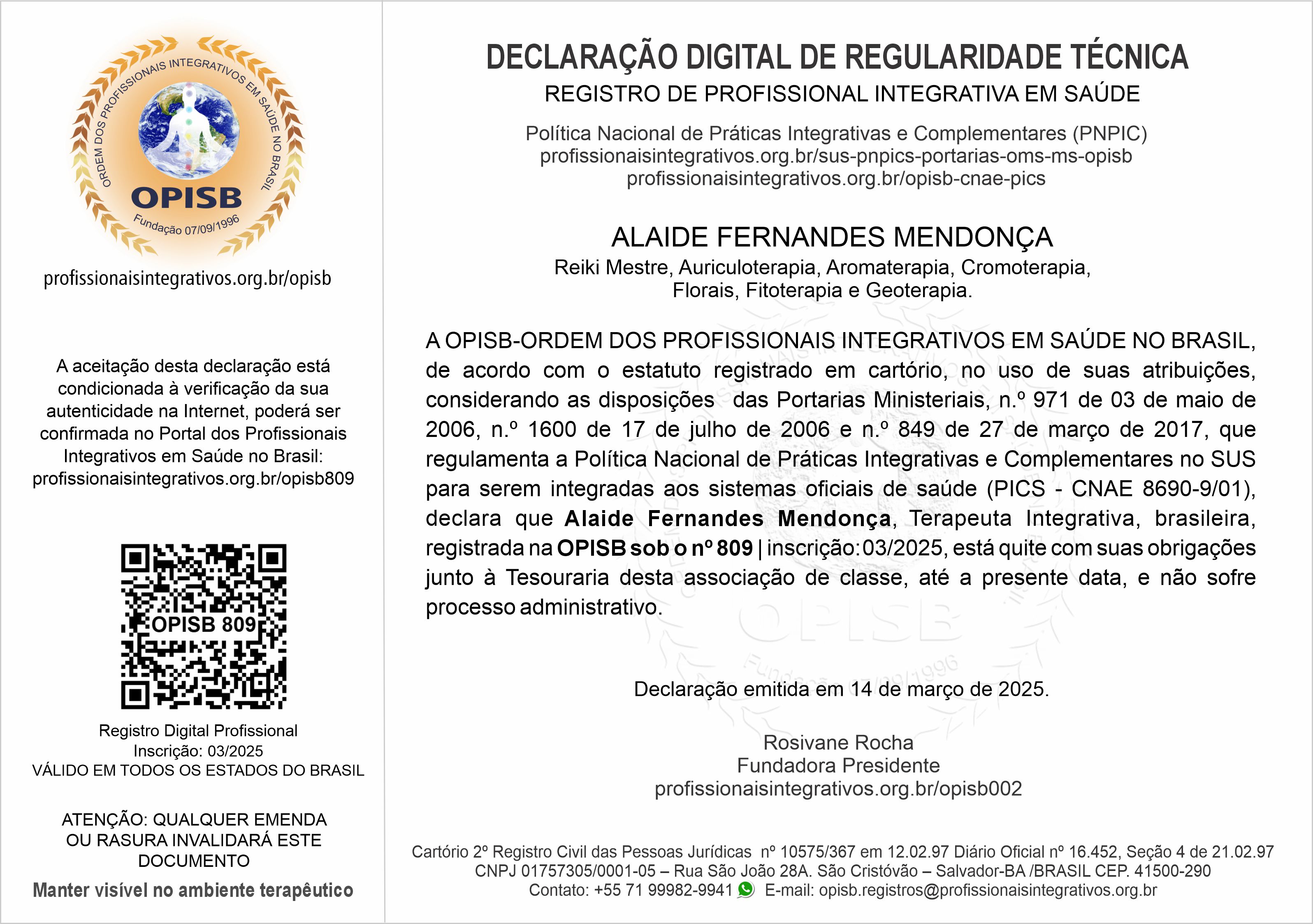 OPISB 809 Alaide Fernandes Mendonça Declaração Digital de Regularidade Técnica