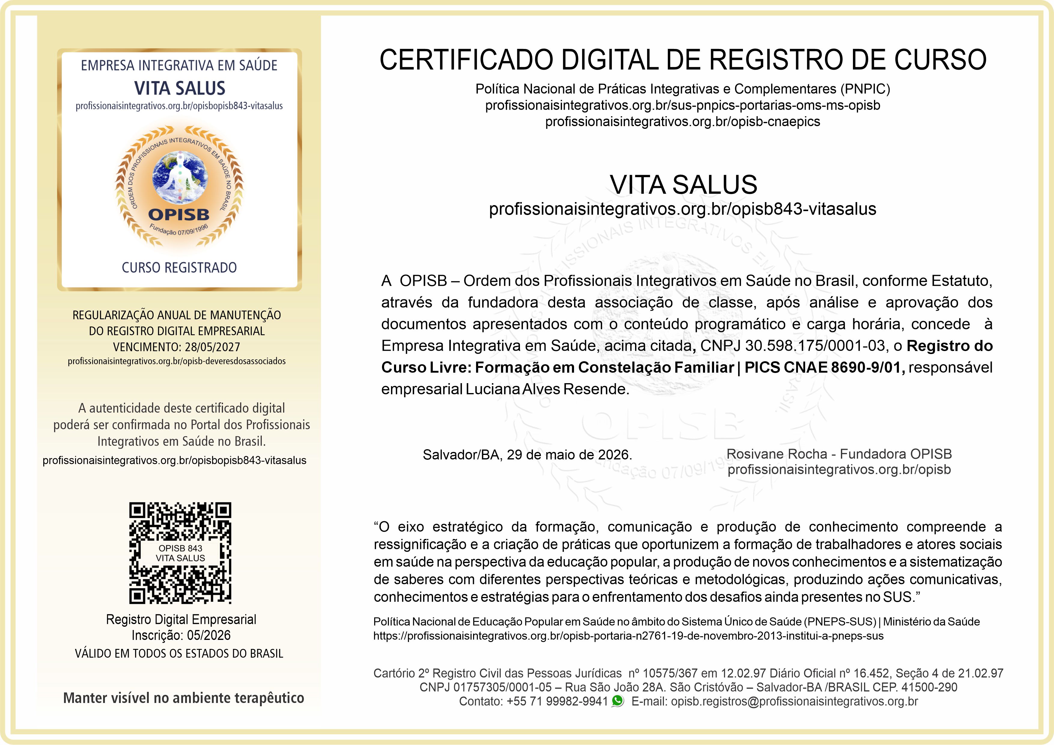 OPISB 843 - VITA SALUS Certificado de Registro de Cursos
