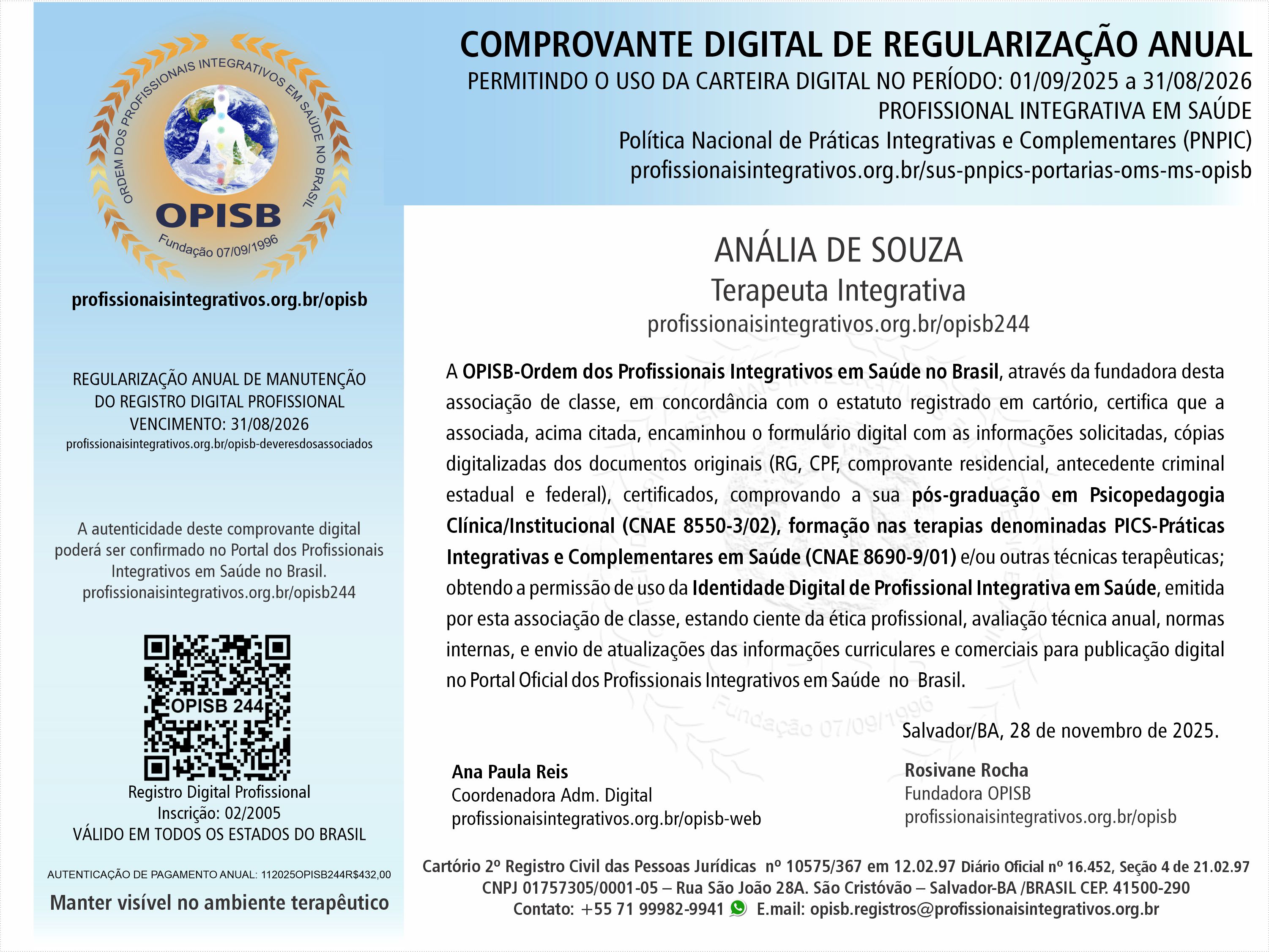 OPISB 244   Irmã Anália de Souza  Comprovante Digital de Regularização Anual
