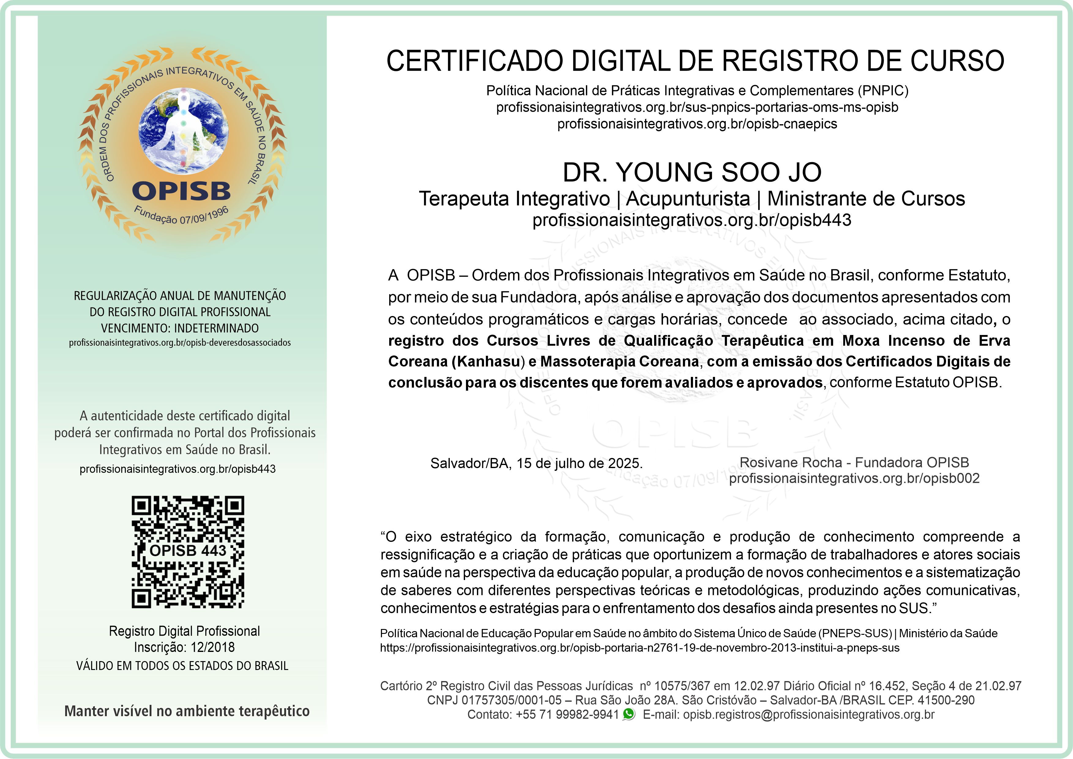 OPISB 443 Dr. Young Soo Jo Certificado de Registro de Cursos