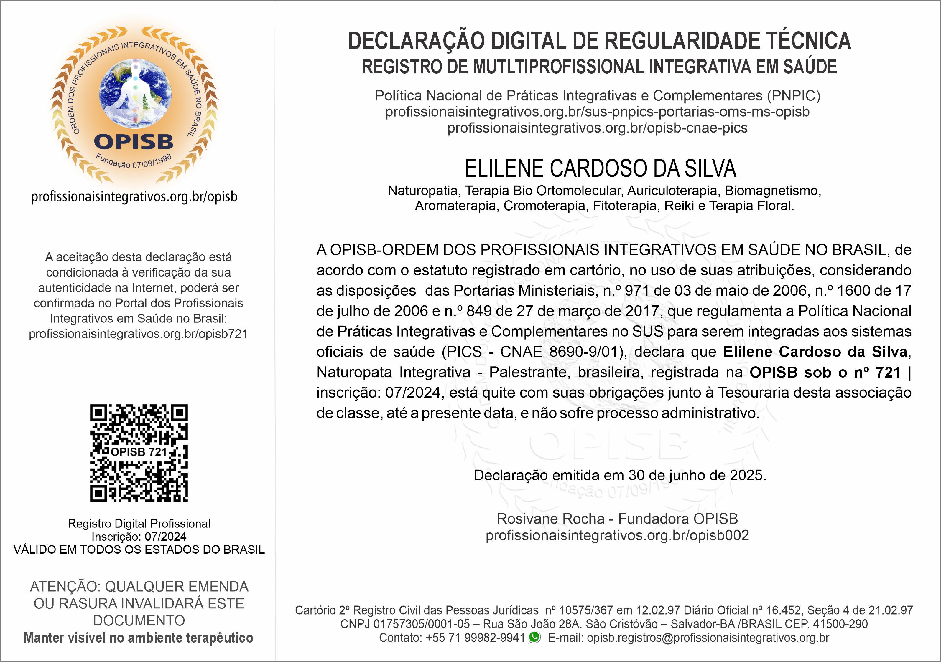 OPISB 721 Declaração Digital de Regularidade Técnica