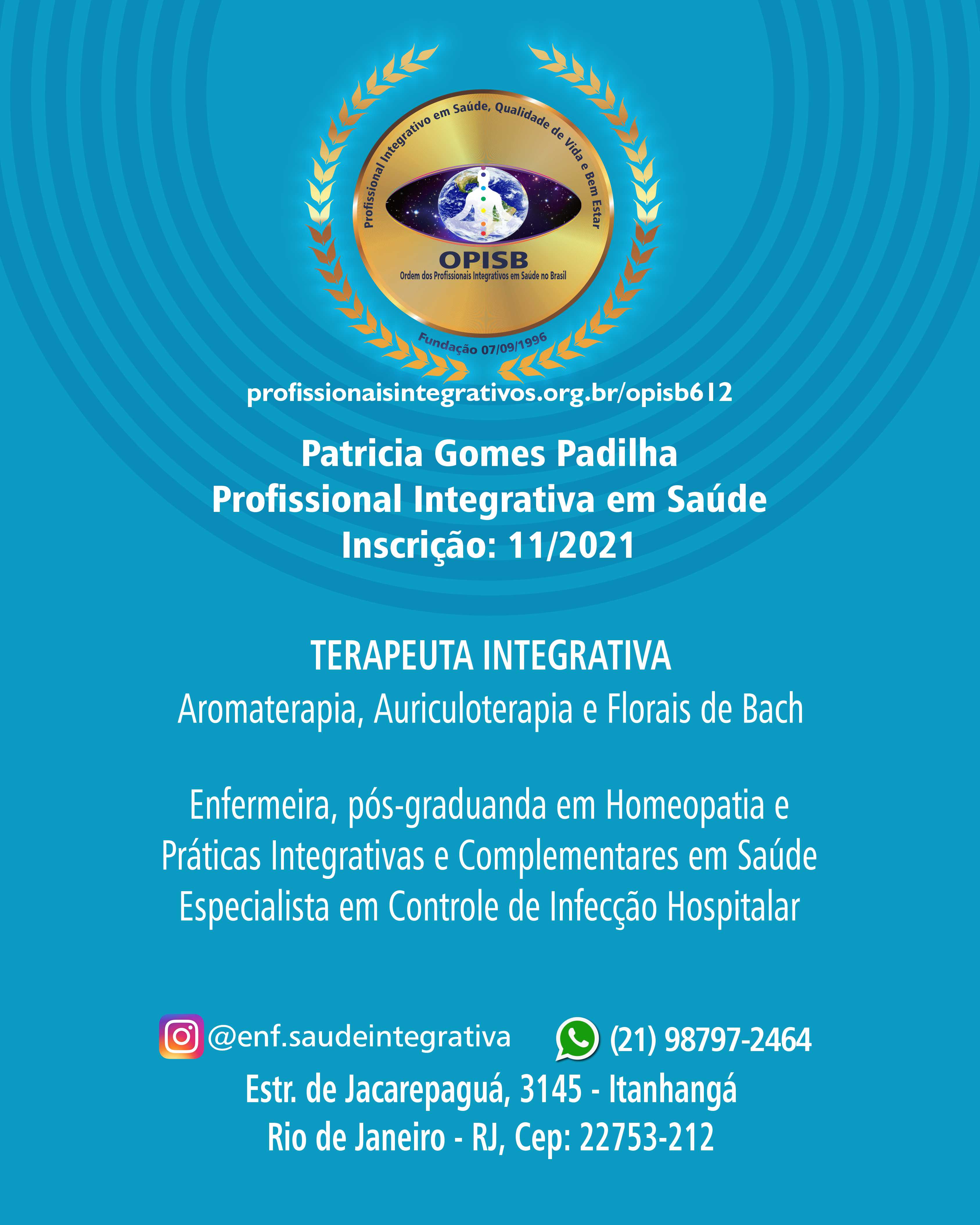 OPISB 612 PATRICIA GOMES PADILHA CARTÃO DE DIVULGAÇÃO PROFISSIONAL INTEGRATIVO EM SAÚDE verso