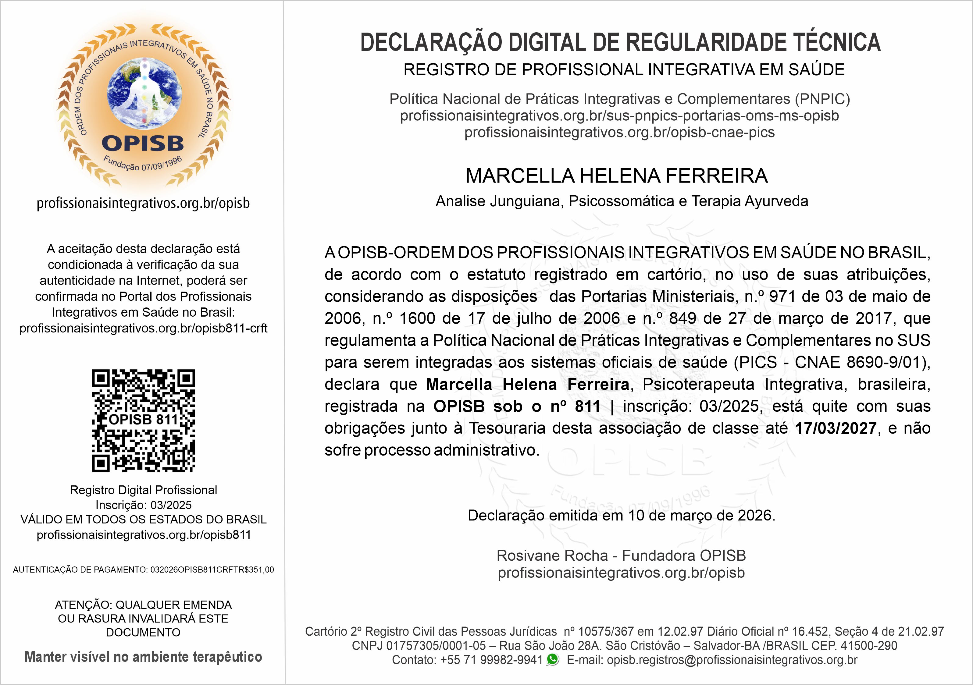 OPISB 811 Marcella Helena Ferreira Declaração Digital de Regularidade Técnica