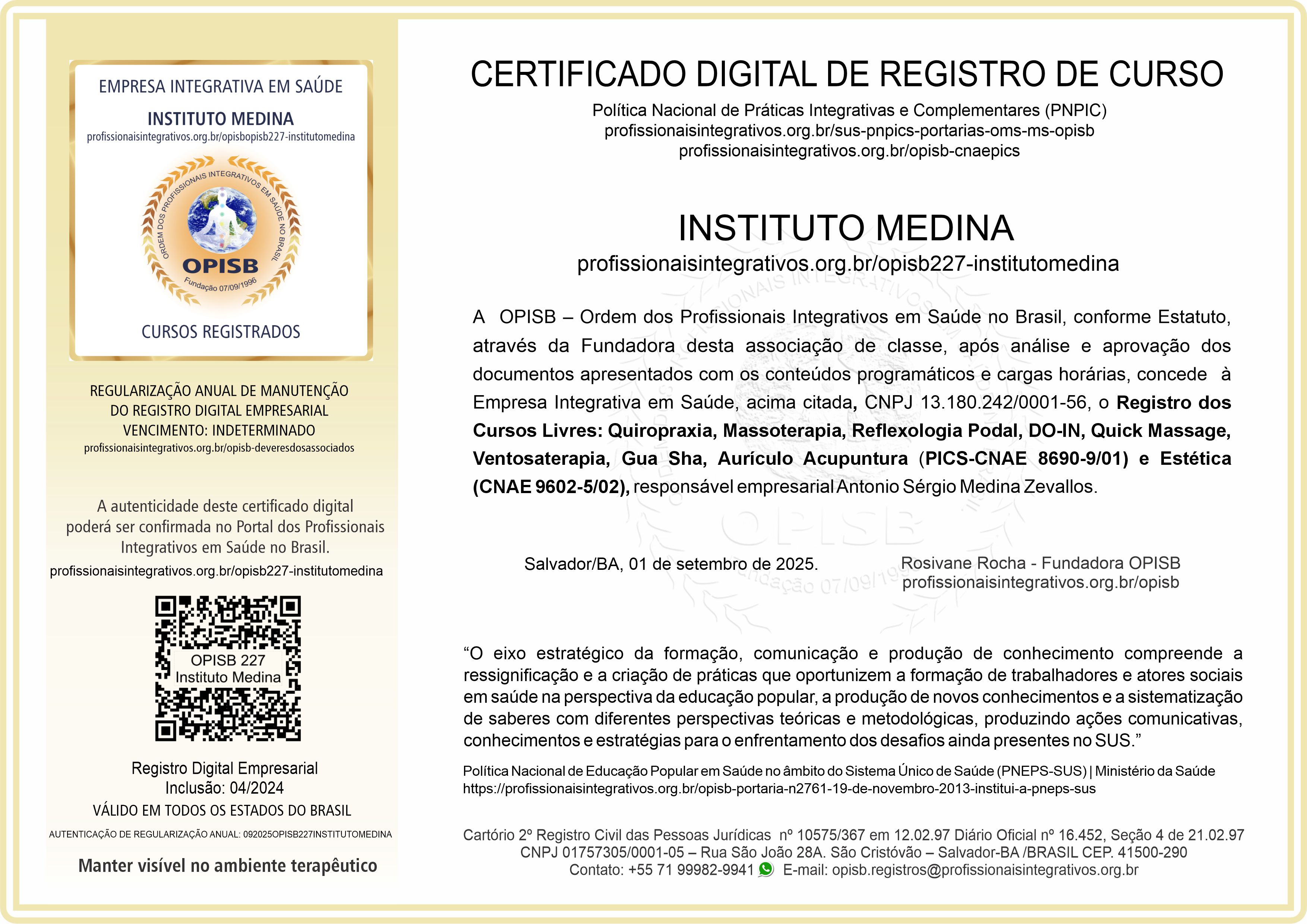 OPISB 227 Instituto Medina Certificado de Registro de Cursos