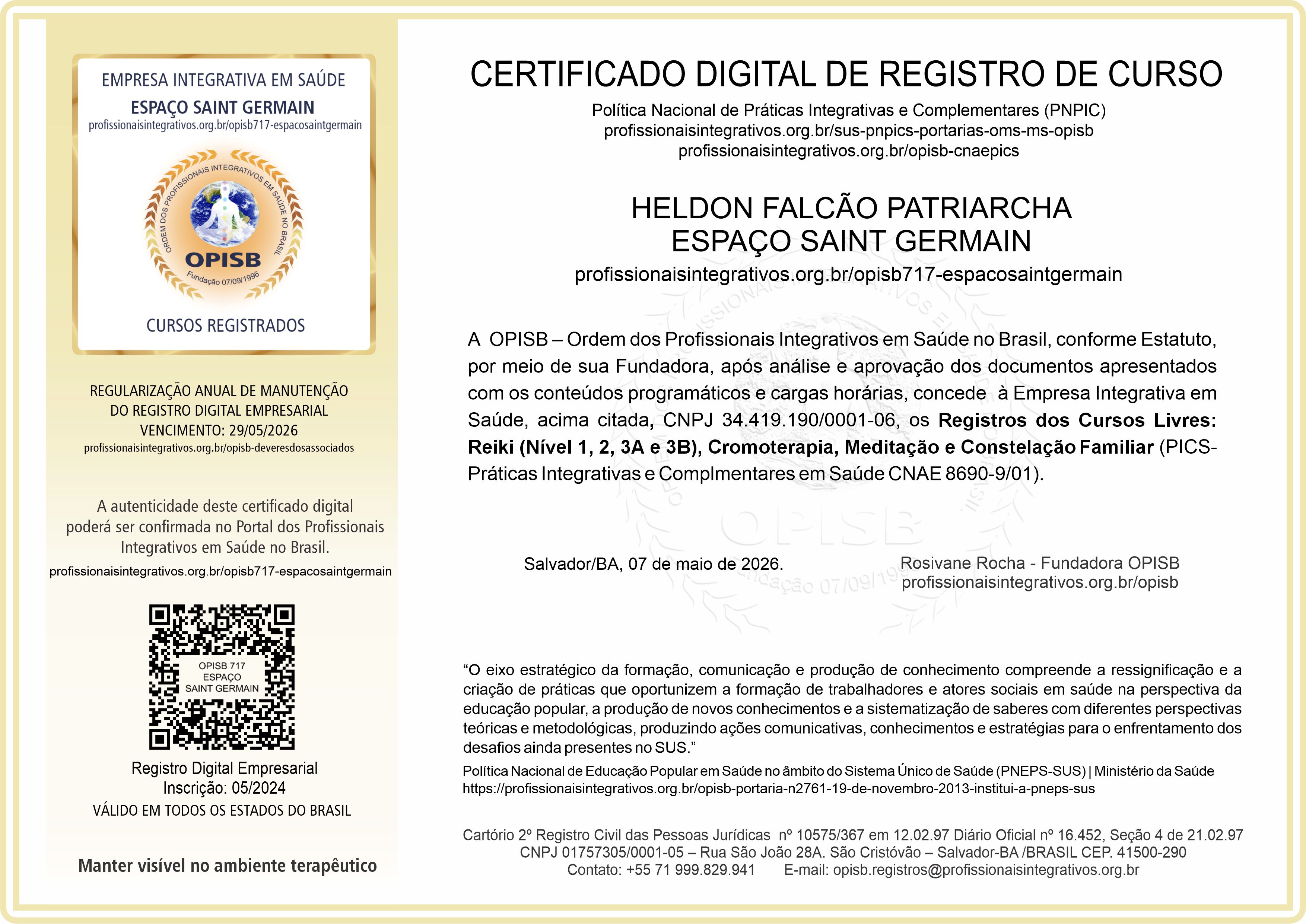 OPISB  717-Espaço Saint Germain Certificado de Registro de Cursos
