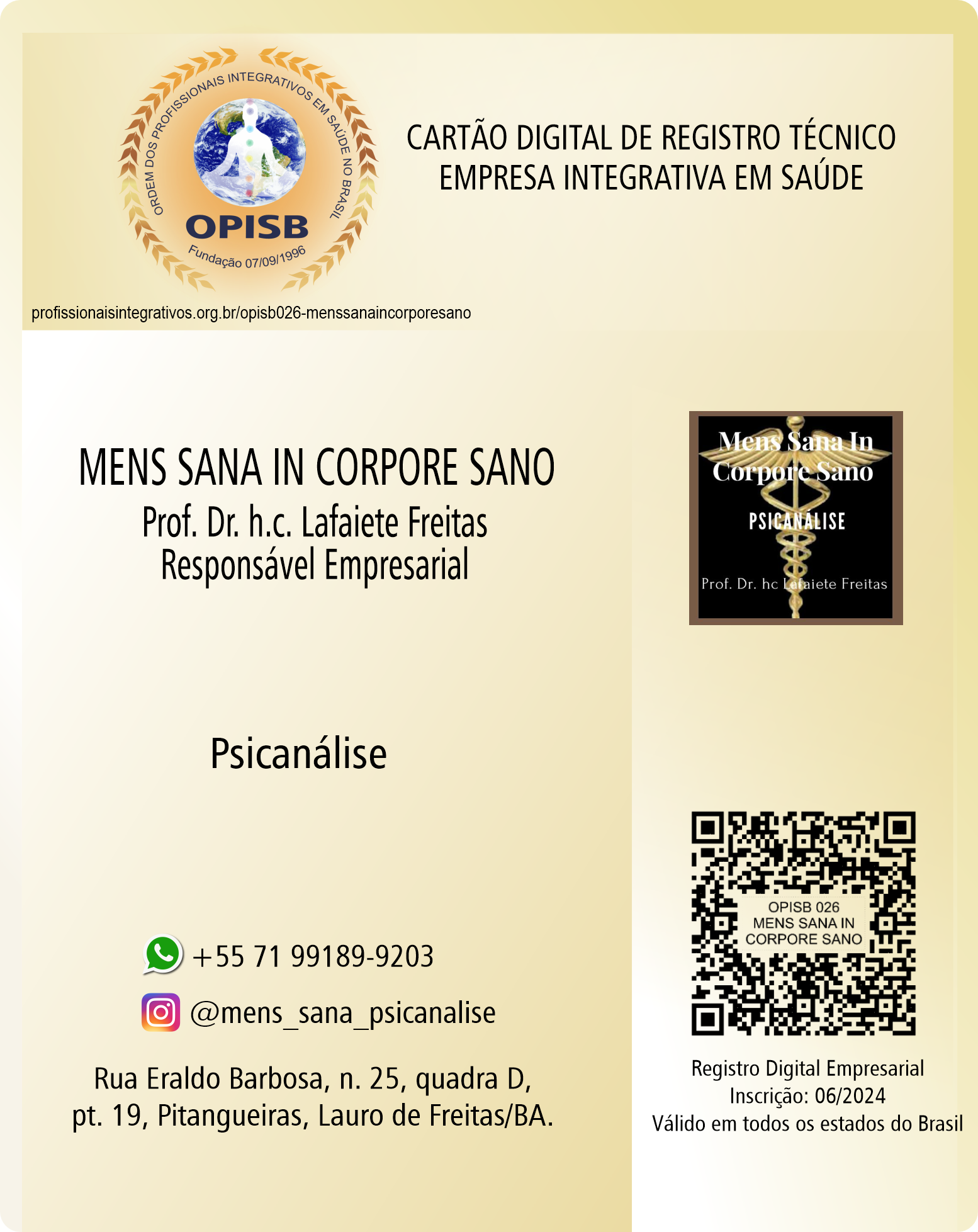 OPISB026-MENS SANA IN CORPORE SANO Cartão Digital de Registro Técnico