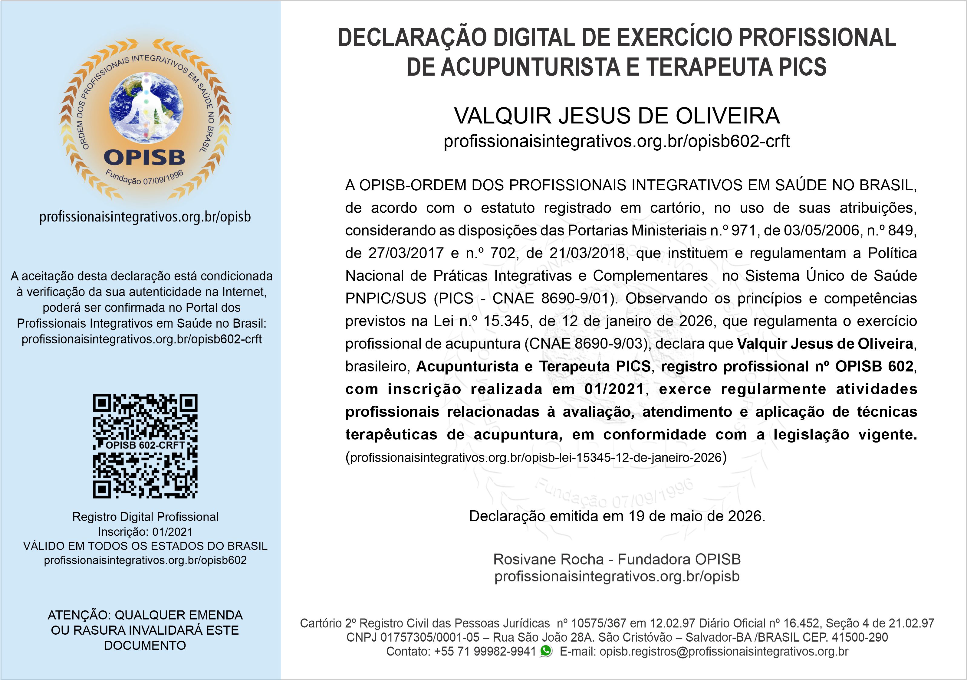 OPISB 602 Valquir Jesus de Oliveira Declaração Digital de Exercício Profissional de Acupuntura e Terapeuta PICS