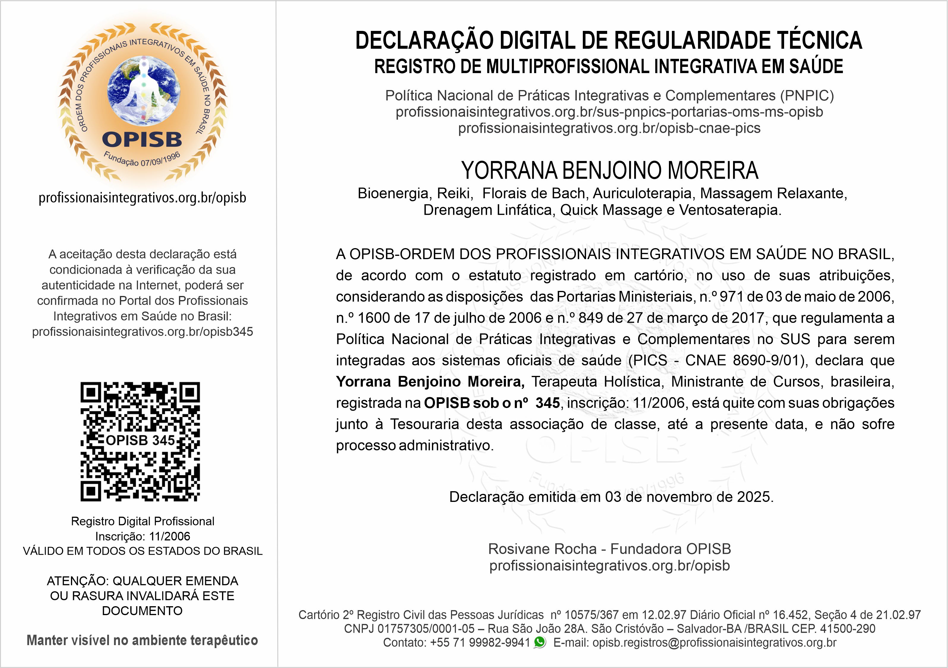 OPISB 345 Yorrana Benjoino Declaração Digital de Regularidade Técnica