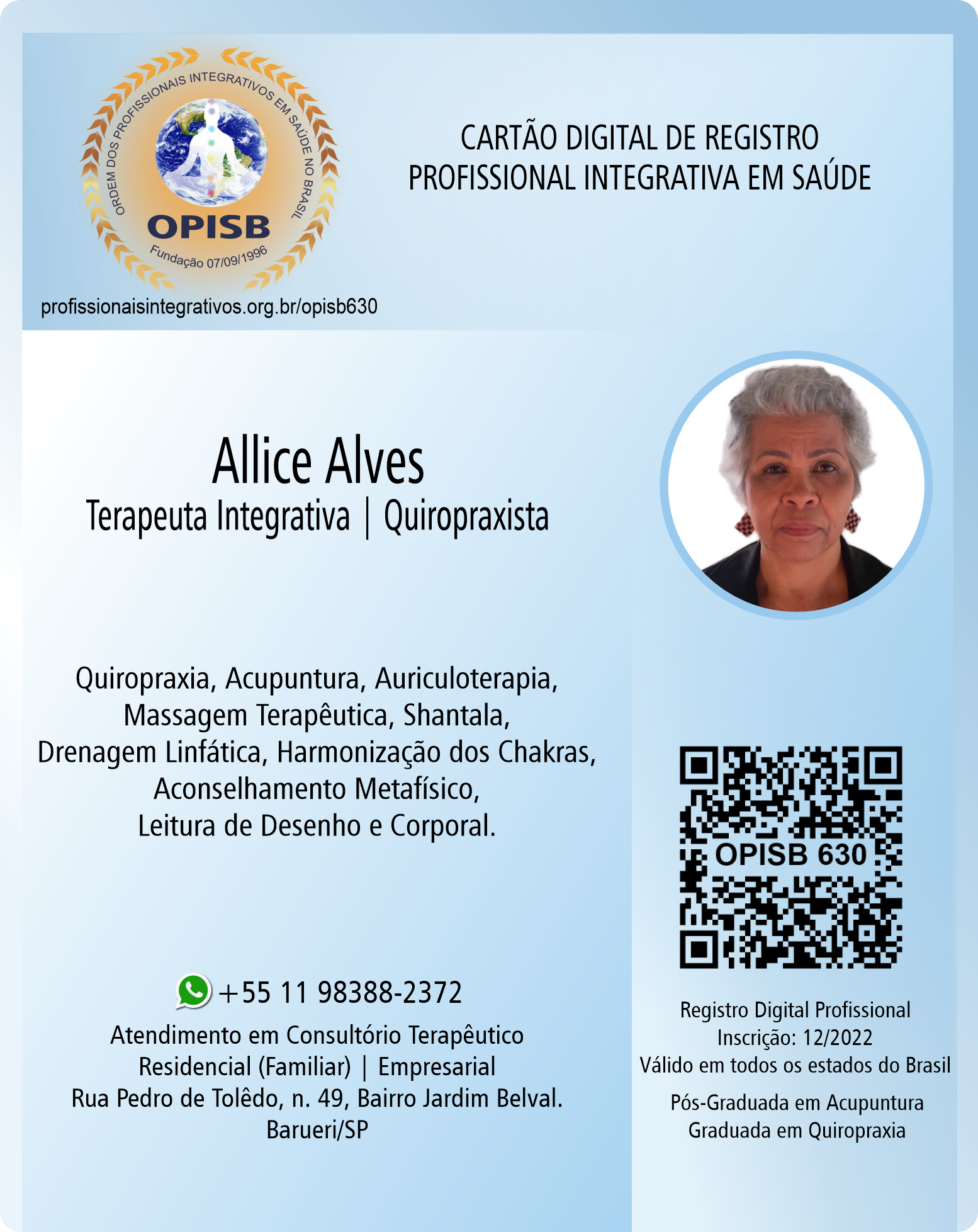 OPISB 630  Allice Alves | Terapeuta Integrativa - Quiropraxista | Barueri - São Paulo | instragram @alicerocha_quiro