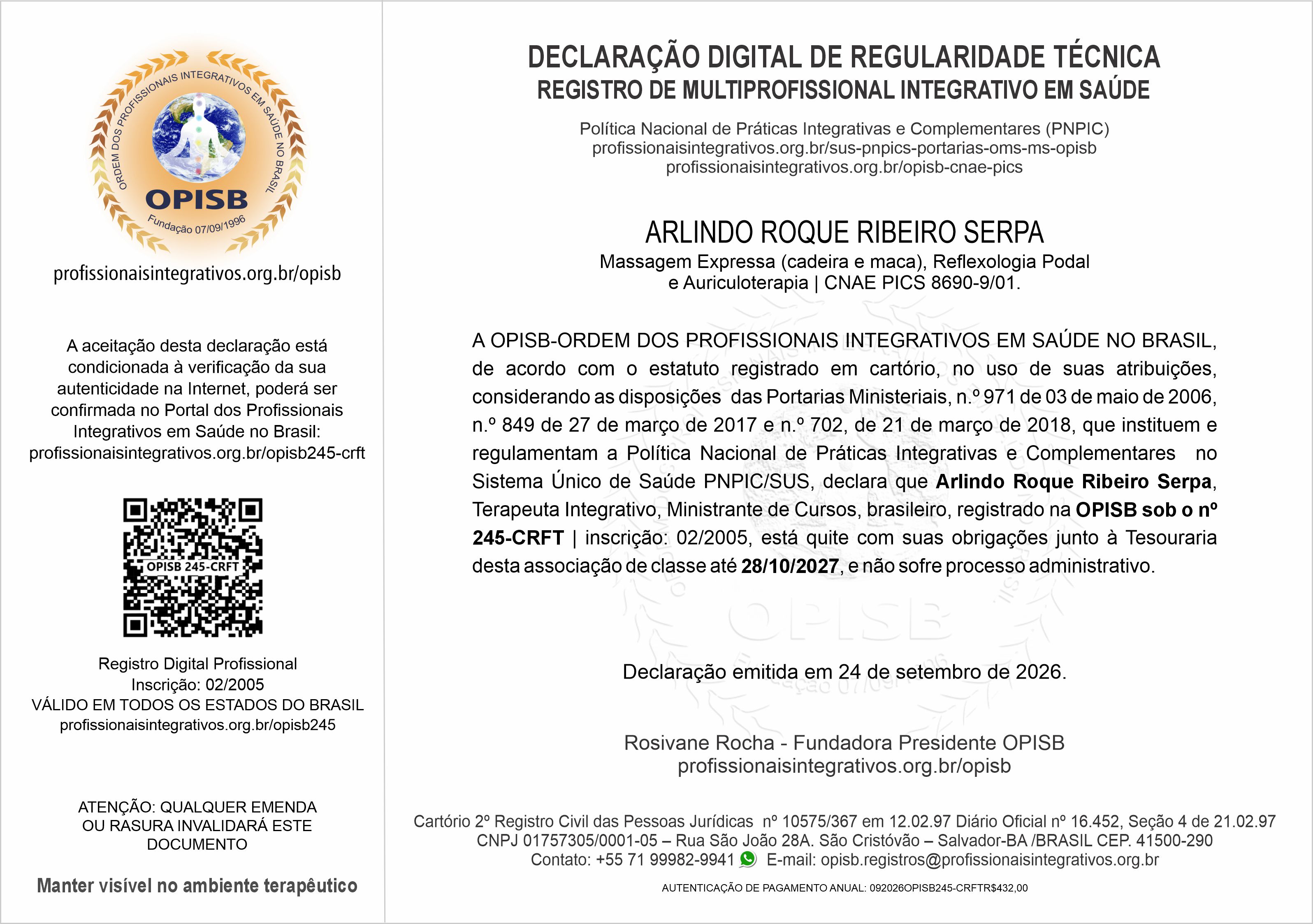 OPISB 245-CRFT Declaração Digital de Regularidade Técnica