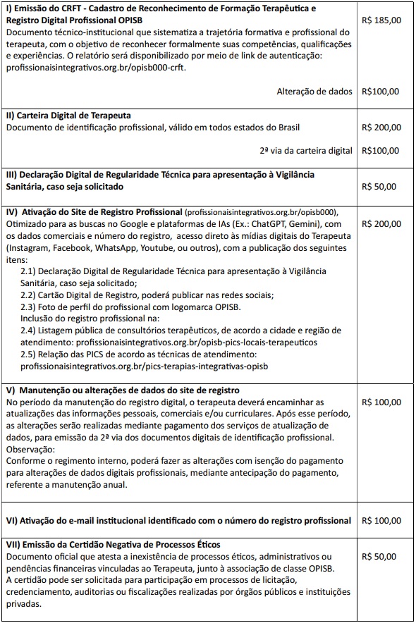 Valores dos Serviços digitais OPISB
