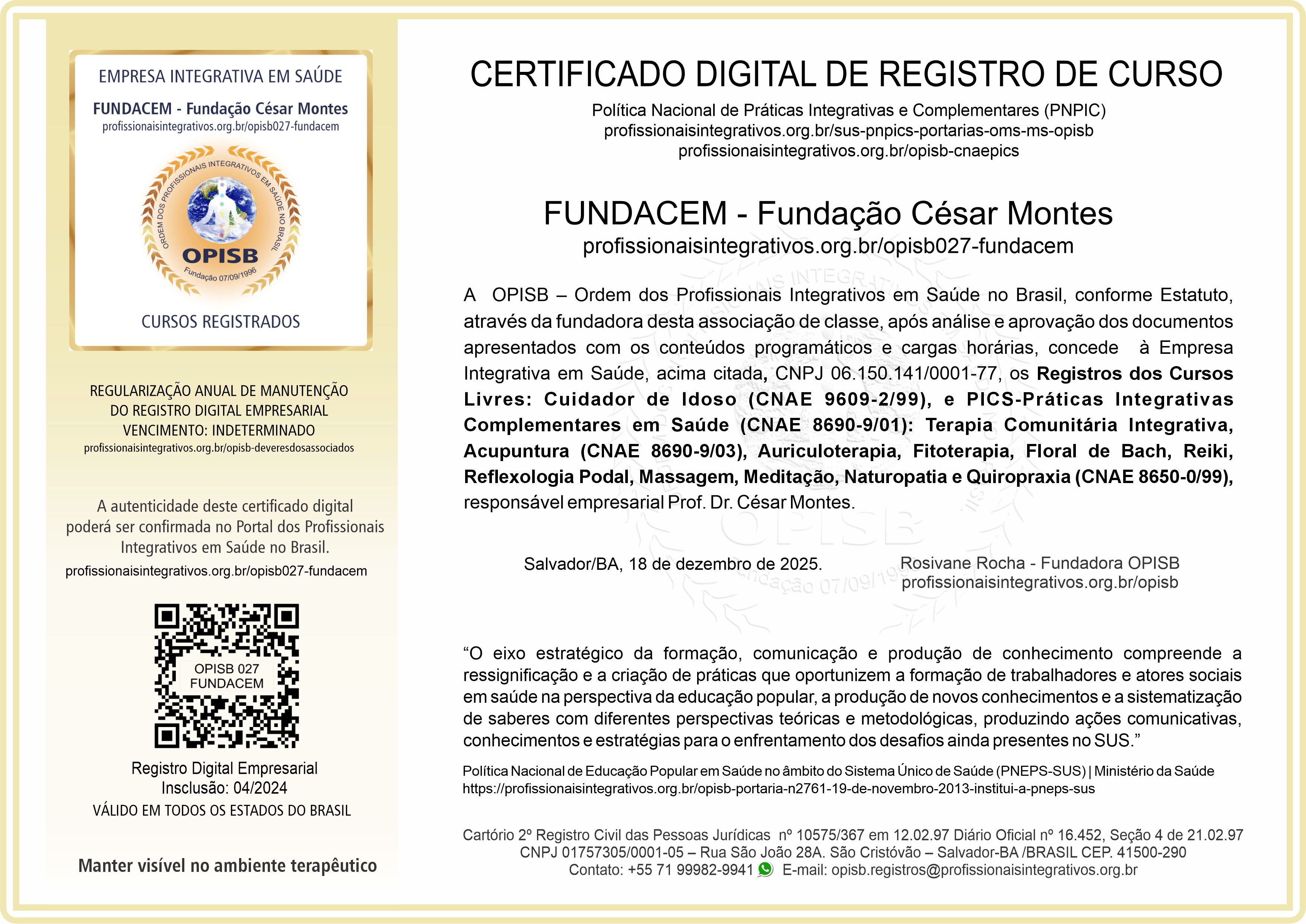 OPISB 027-FUNDACEM Certificado de Registro de Cursos