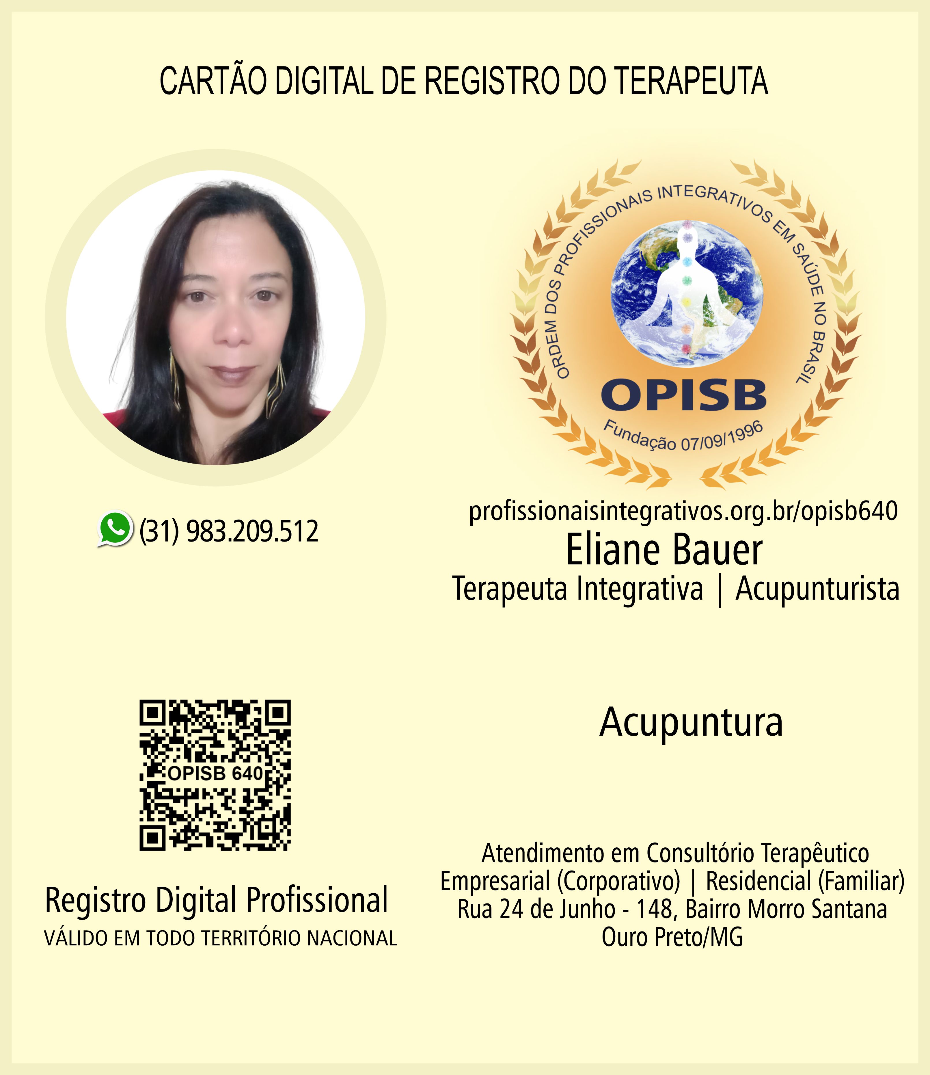 OPISB 640 Cartão Digital de Registro | Eliane Bauer - Terapeuta Integrativa - Acupunturista |  Ouro Preto - Minas Gerais