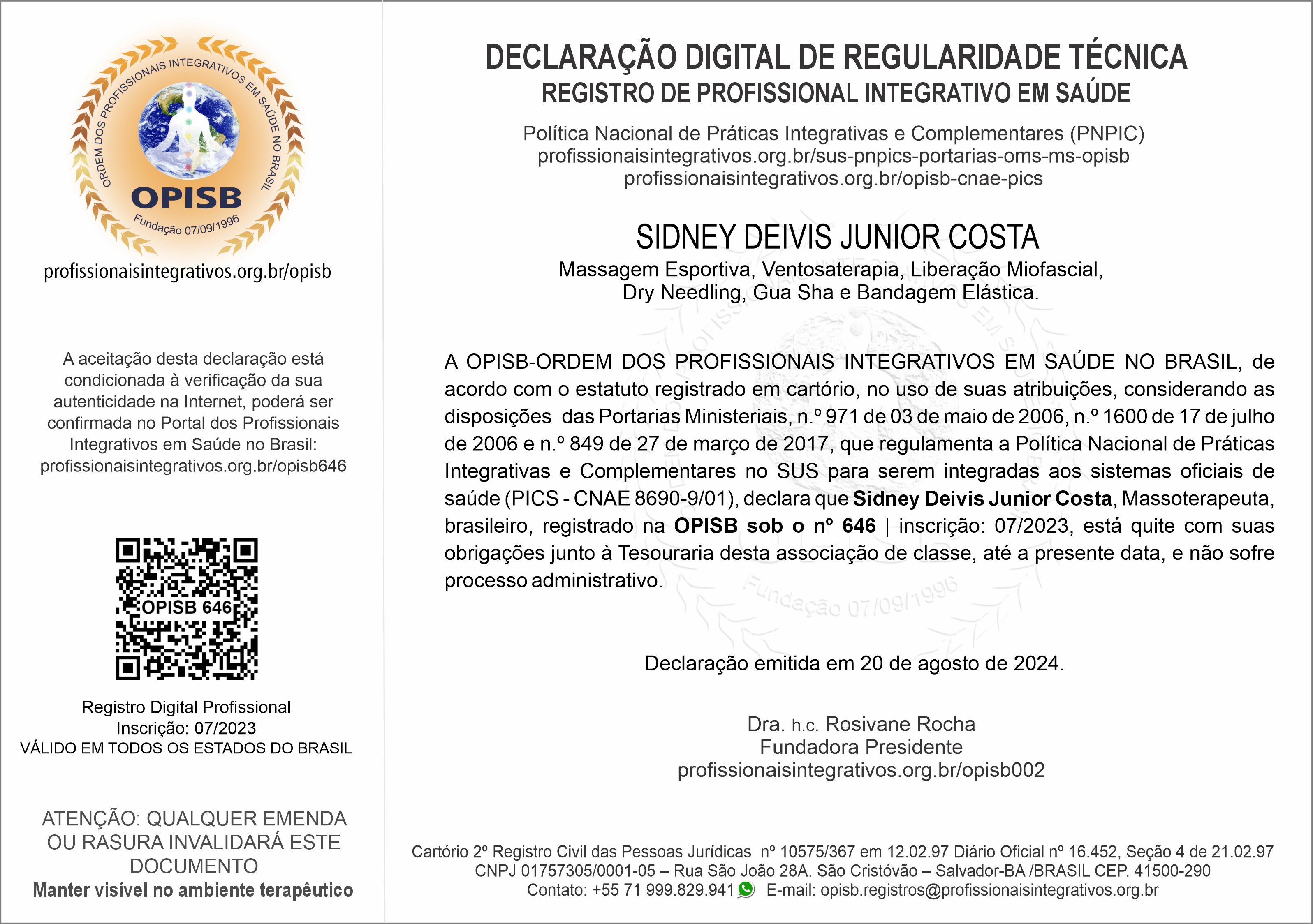 OPISB 646 OPISB 646 Sidney Junior Declaração Digital de Regularidade Técnica