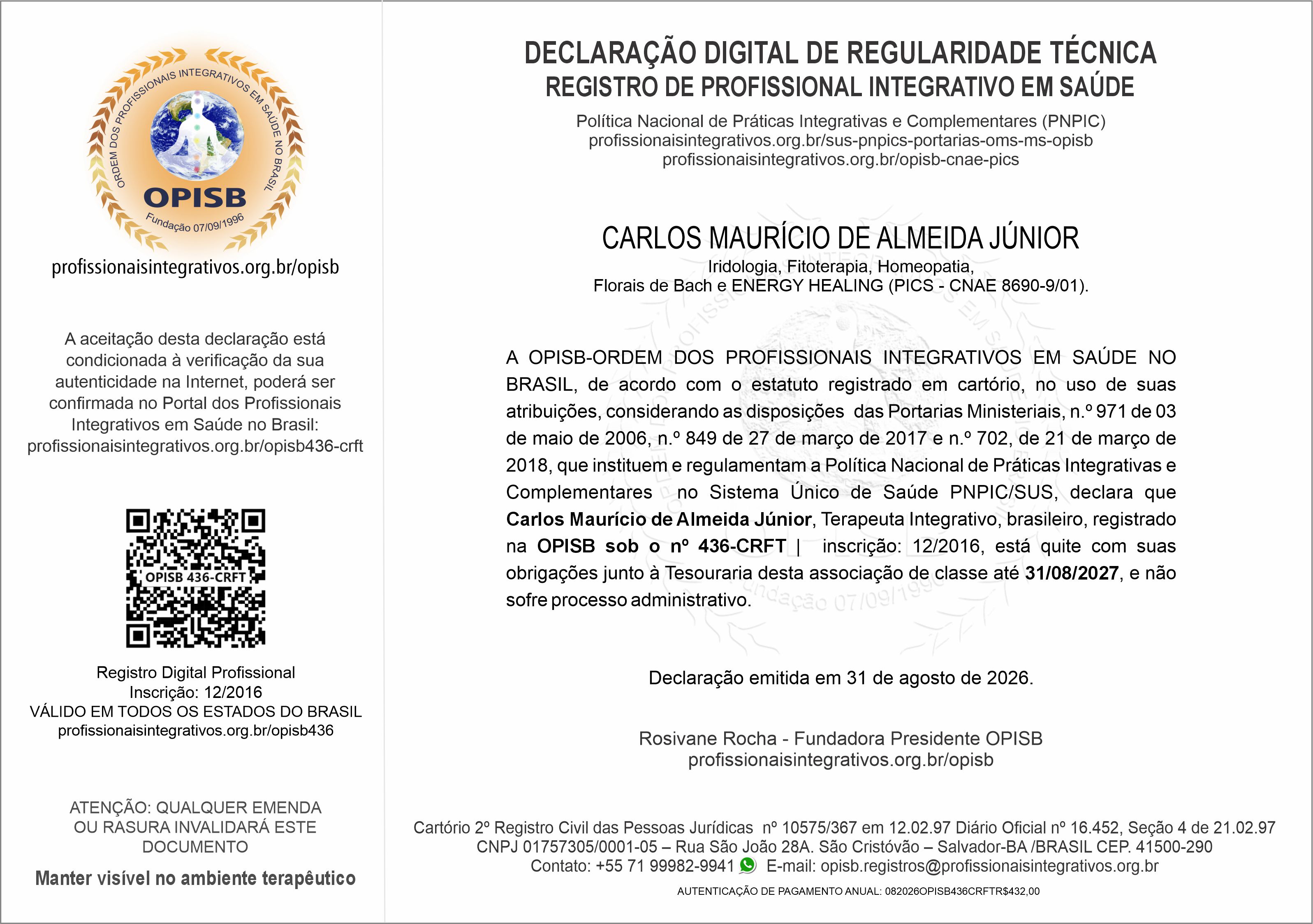 OPISB 436-CRFT Declaração Digital de Regularidade Técnica