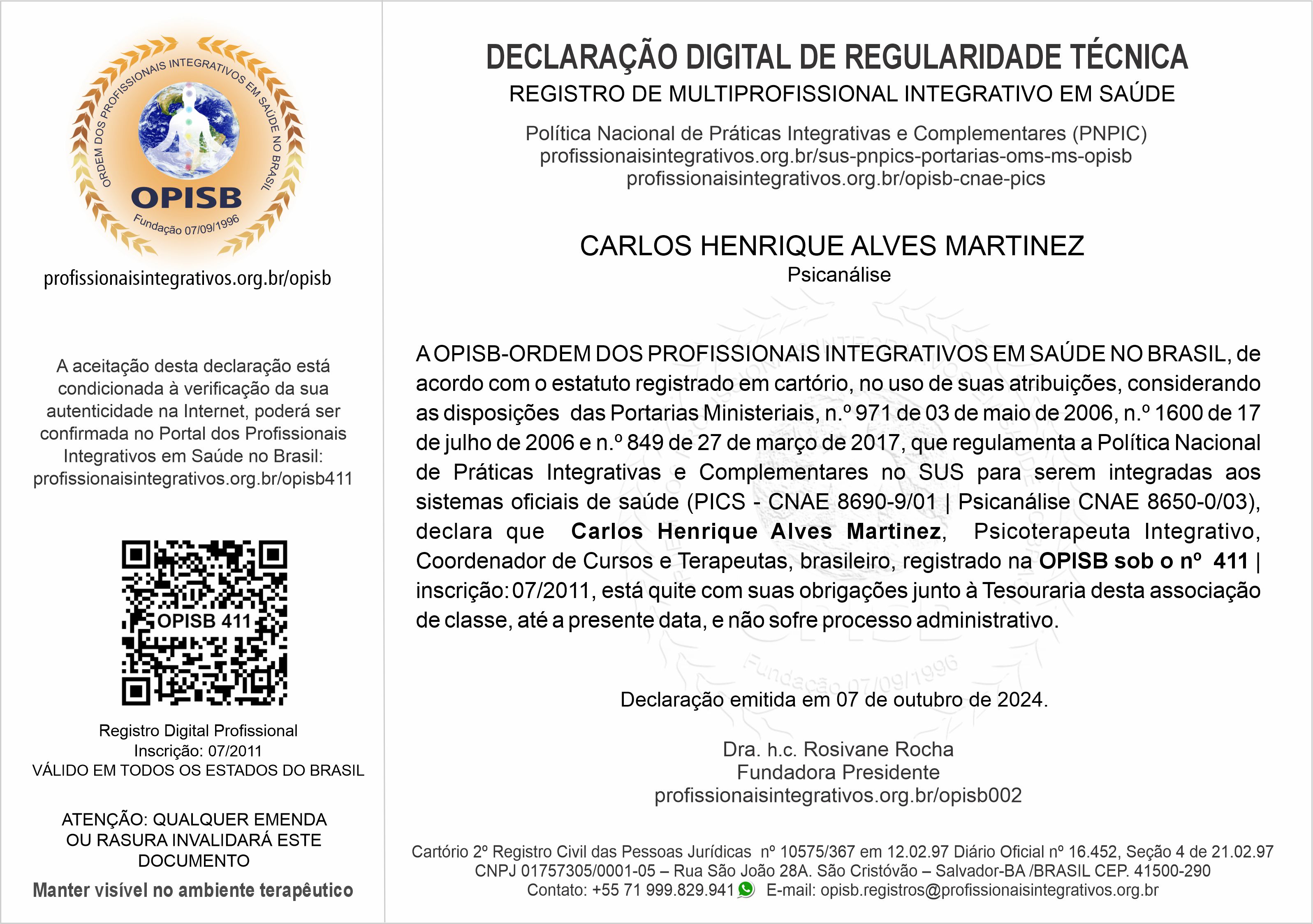 OPISB 411 Prof. Dr. Carlos Henrique Martinez Declaração Digital de Regularidade Técnica