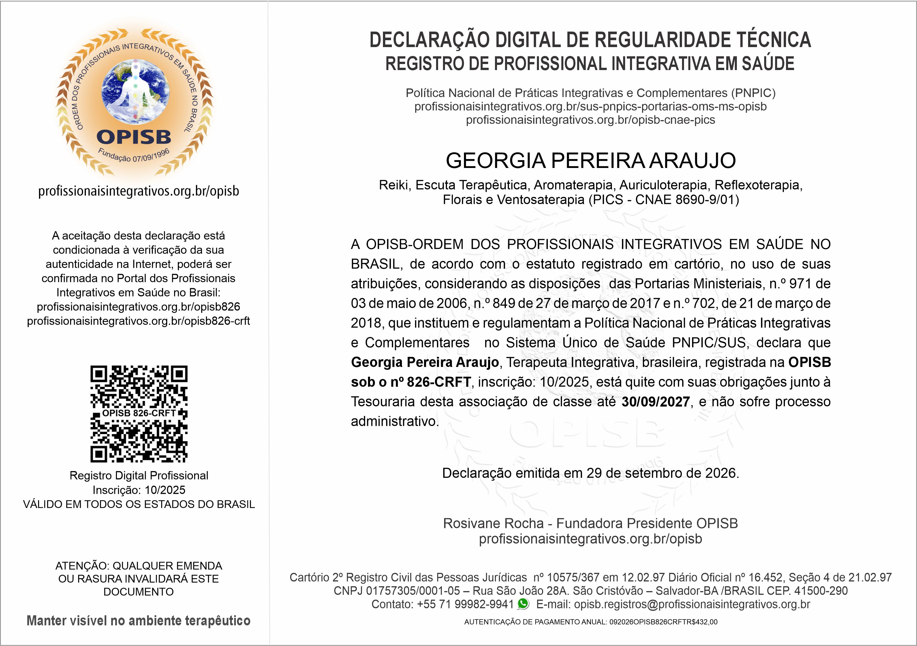 OPISB 826-CRFT Declaração Digital de Regularidade Técnica