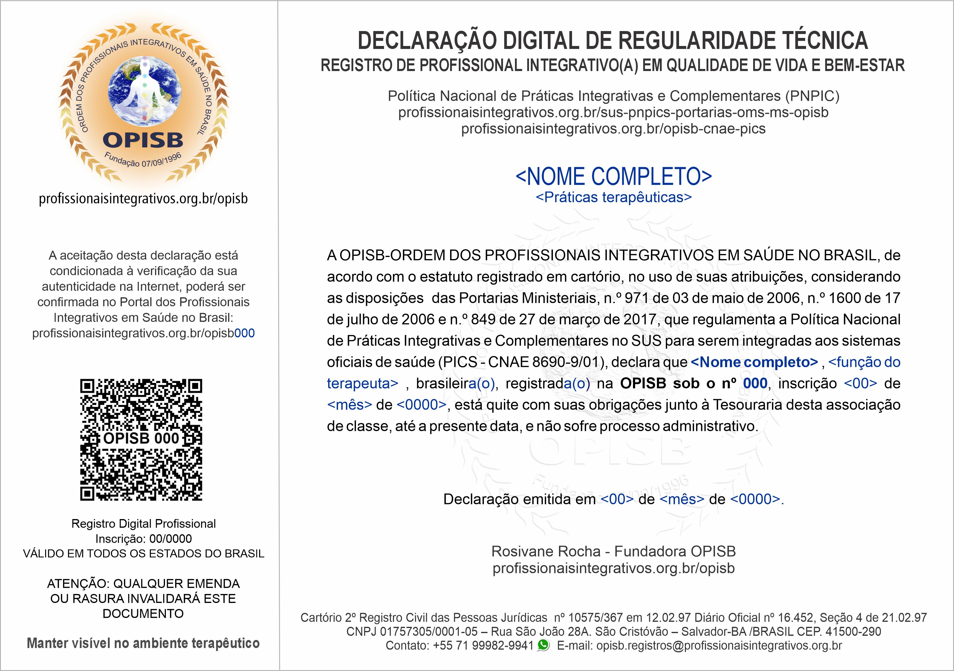 OPISB 000 Declaração Digital de Regularidade Técnica 