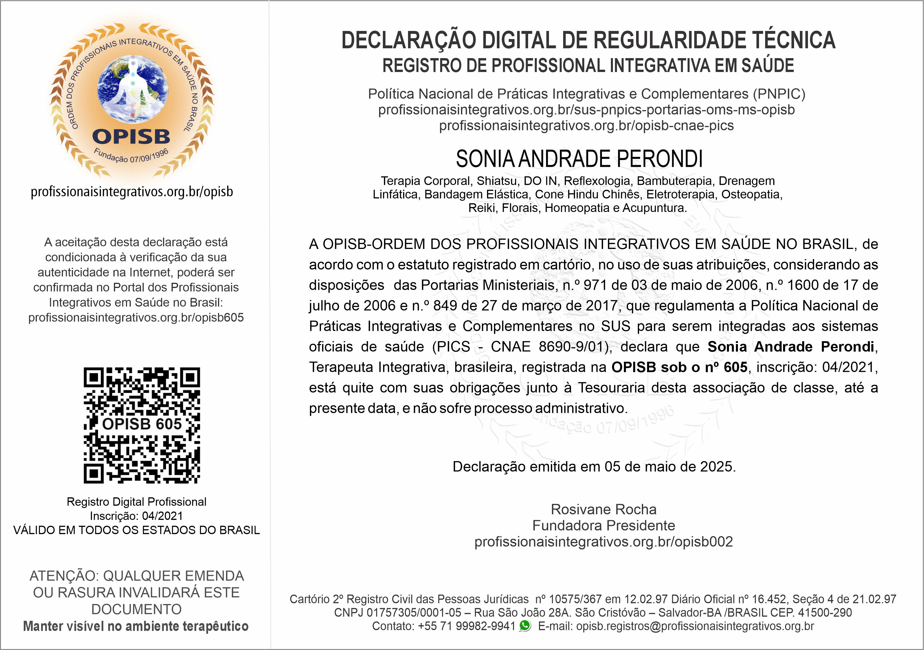 OPISB 605 Sonia Andrade Perondi  Declaração Digital de Regularidade Técnica