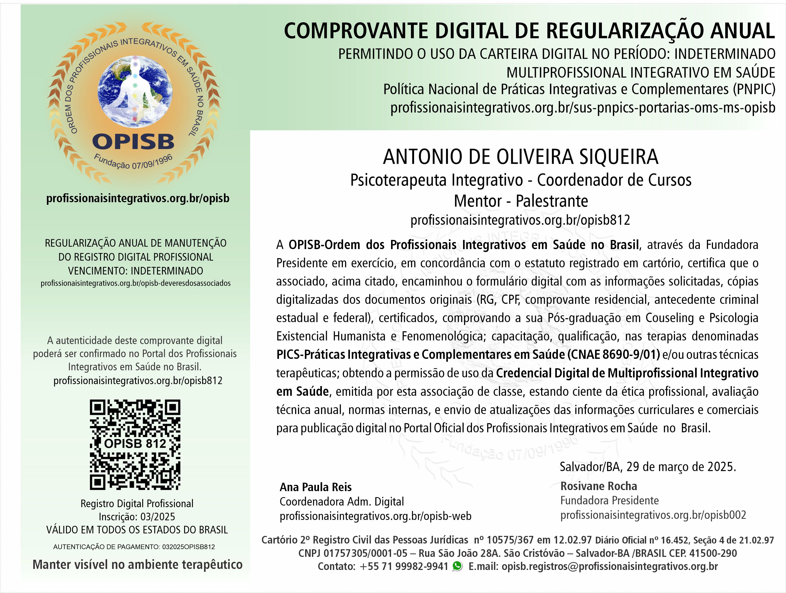 OPISB 812  Antonio de Oliveira Siqueira Comprovante Digital de Regularização Anual