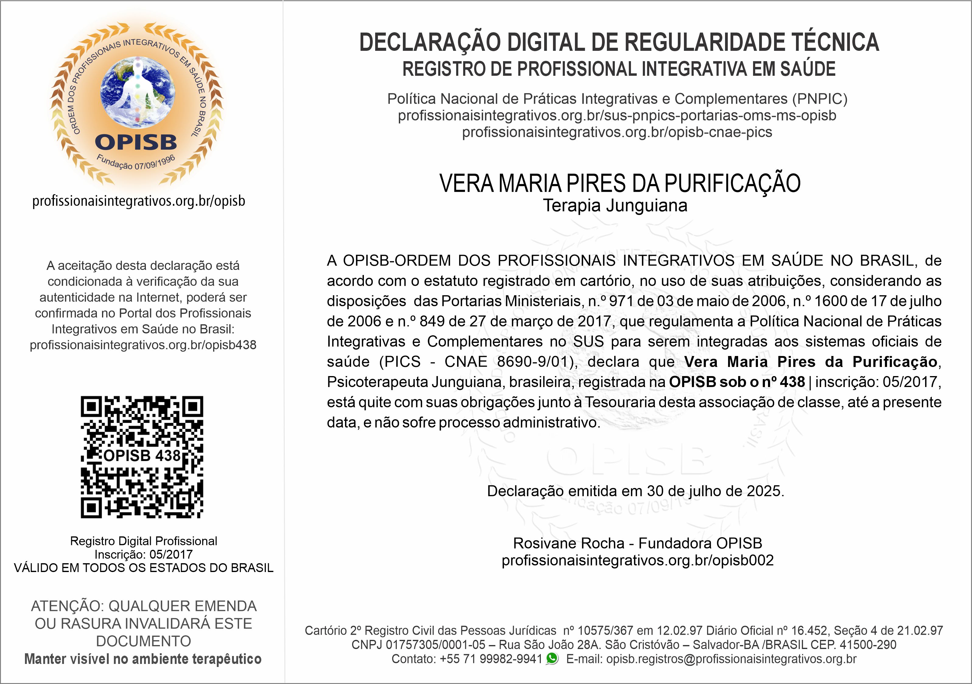 OPISB 438 Vera Purificação Declaração Digital de Regularidade Técnica