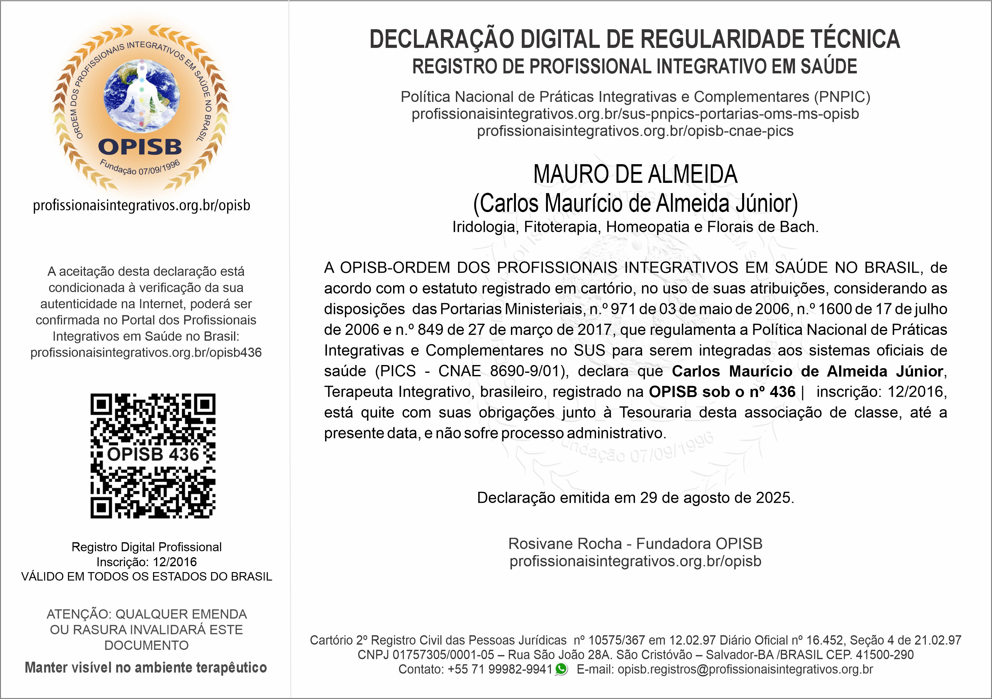 OPISB 436 Mauro de Almeida Declaração Digital de Regularidade Técnica