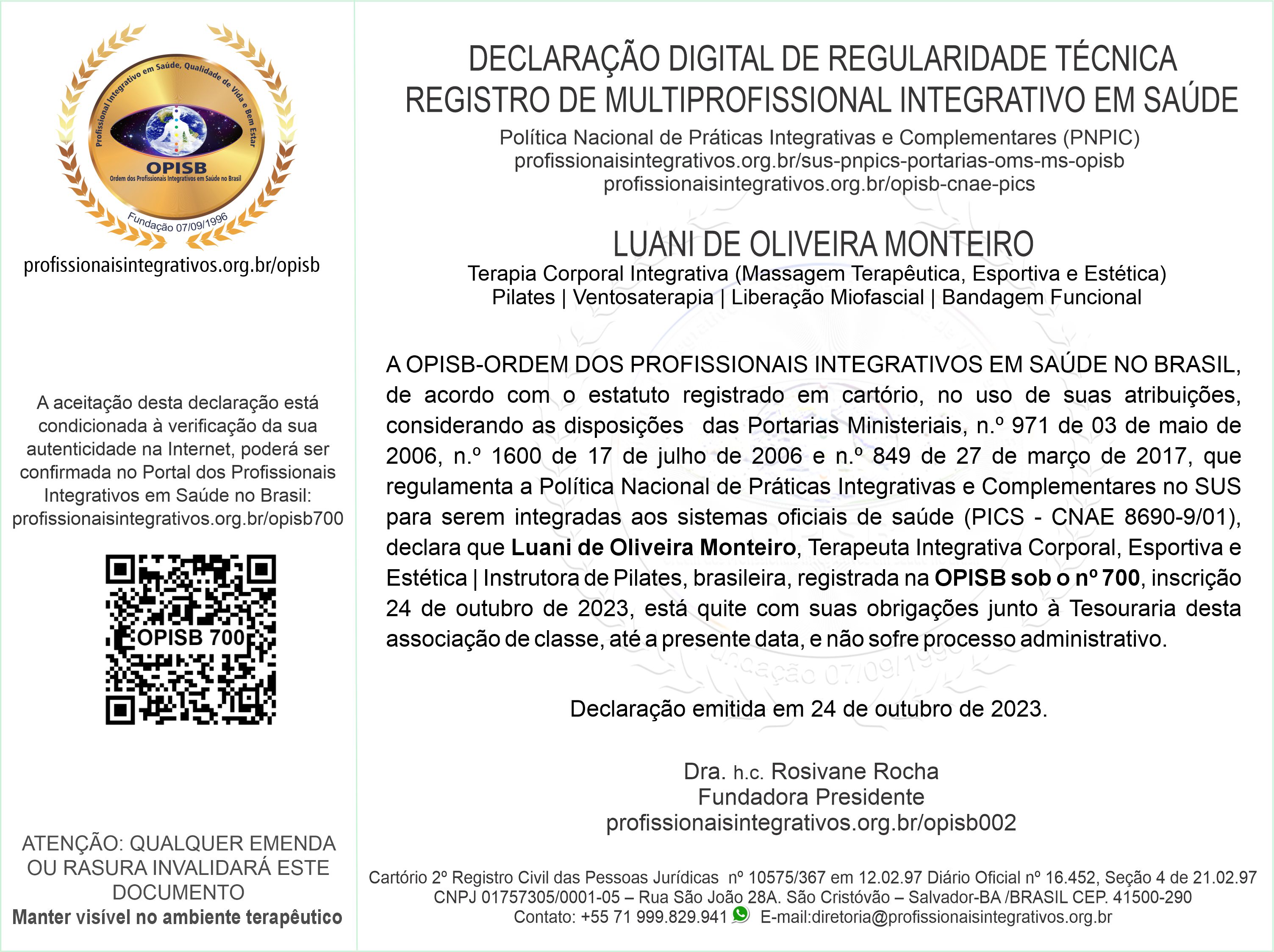 OPISB 700 Declaração Digital de Regularidade Técnica