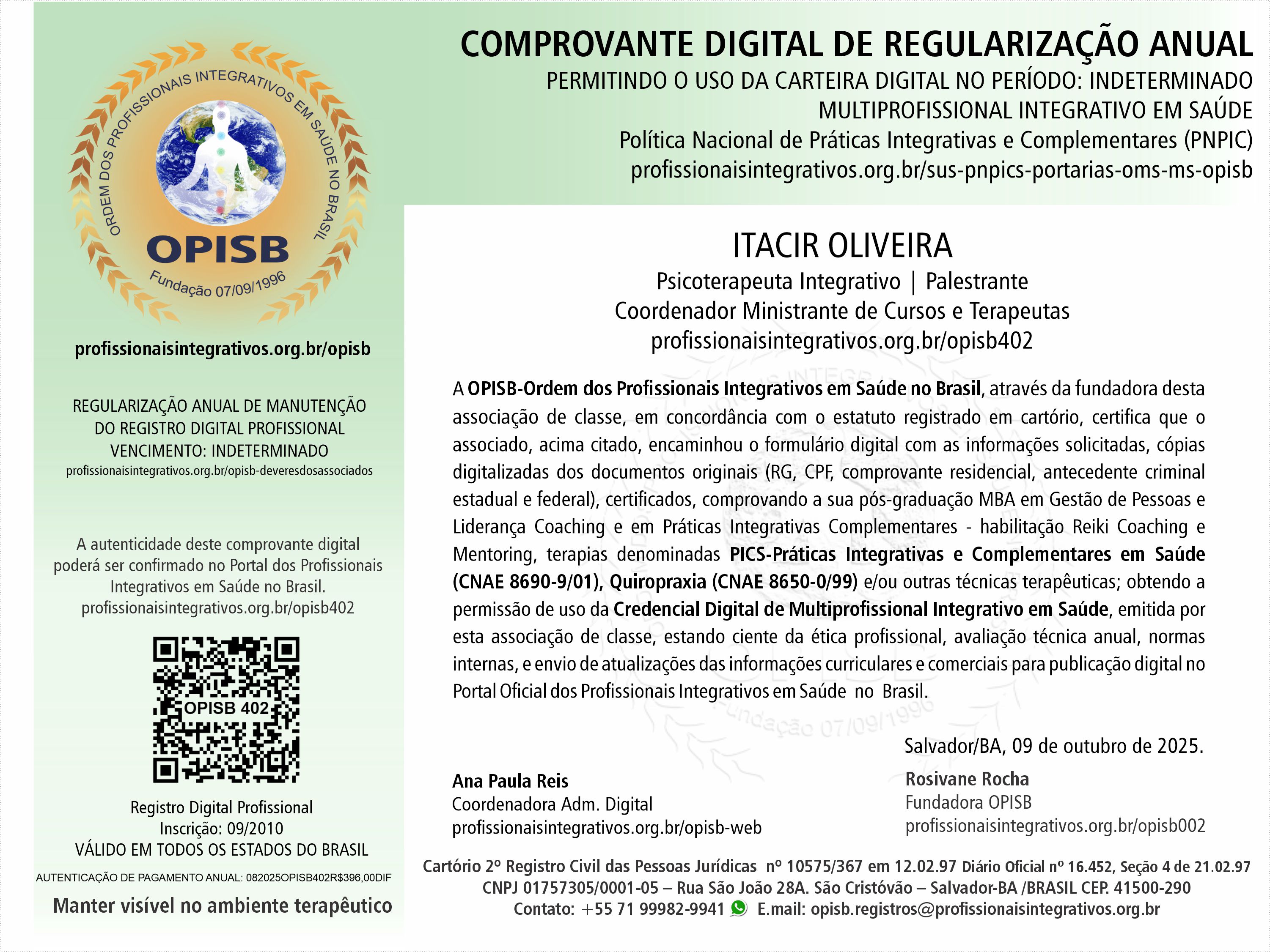 OPISB 402 Prof. PhD. Itacir Oliveira  Comprovante Digital de Regularização Anual